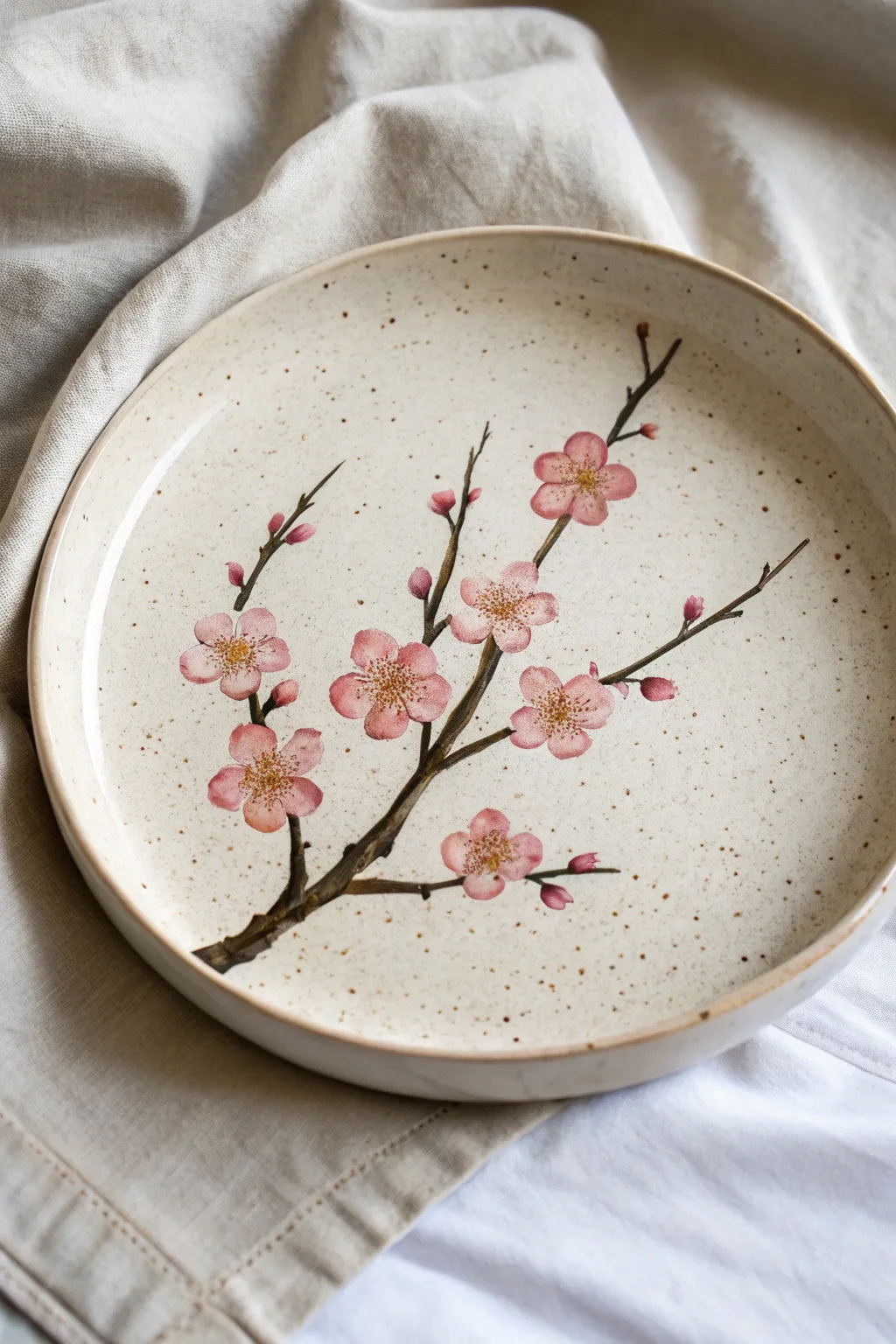 Minimal cherry blossom arc on a handmade plate, simple brushstrokes with bold pink blooms.