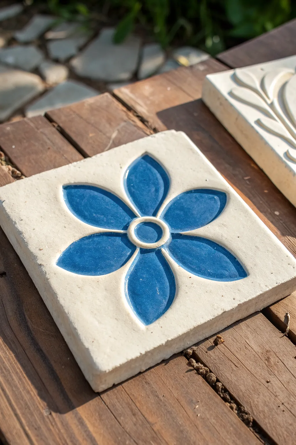 Matte texture meets glossy bloom: a minimalist negative-space flower tile in bold cobalt.
