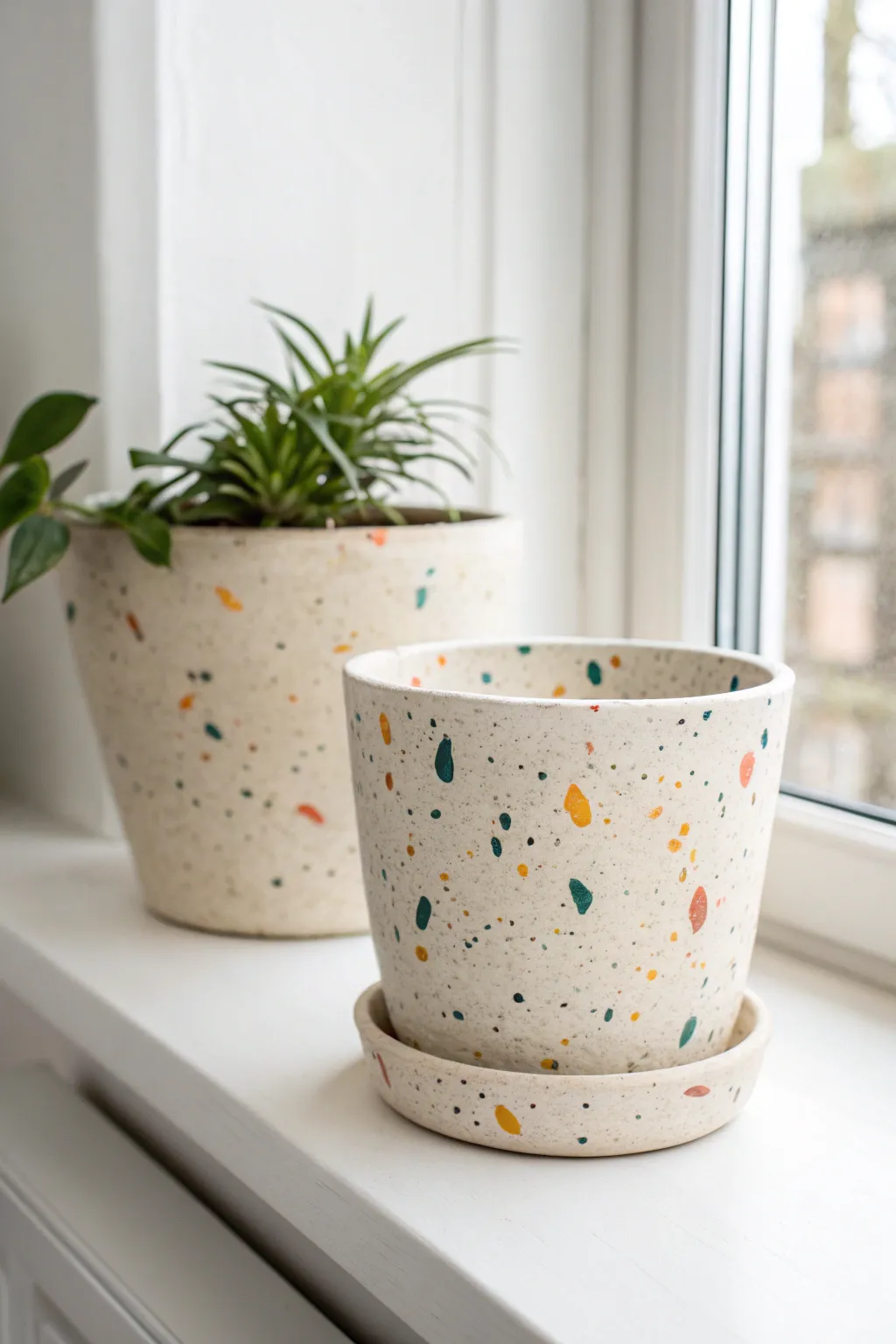 Terrazzo-speckled flower pot in bold boho colors, styled minimal on a white shelf.