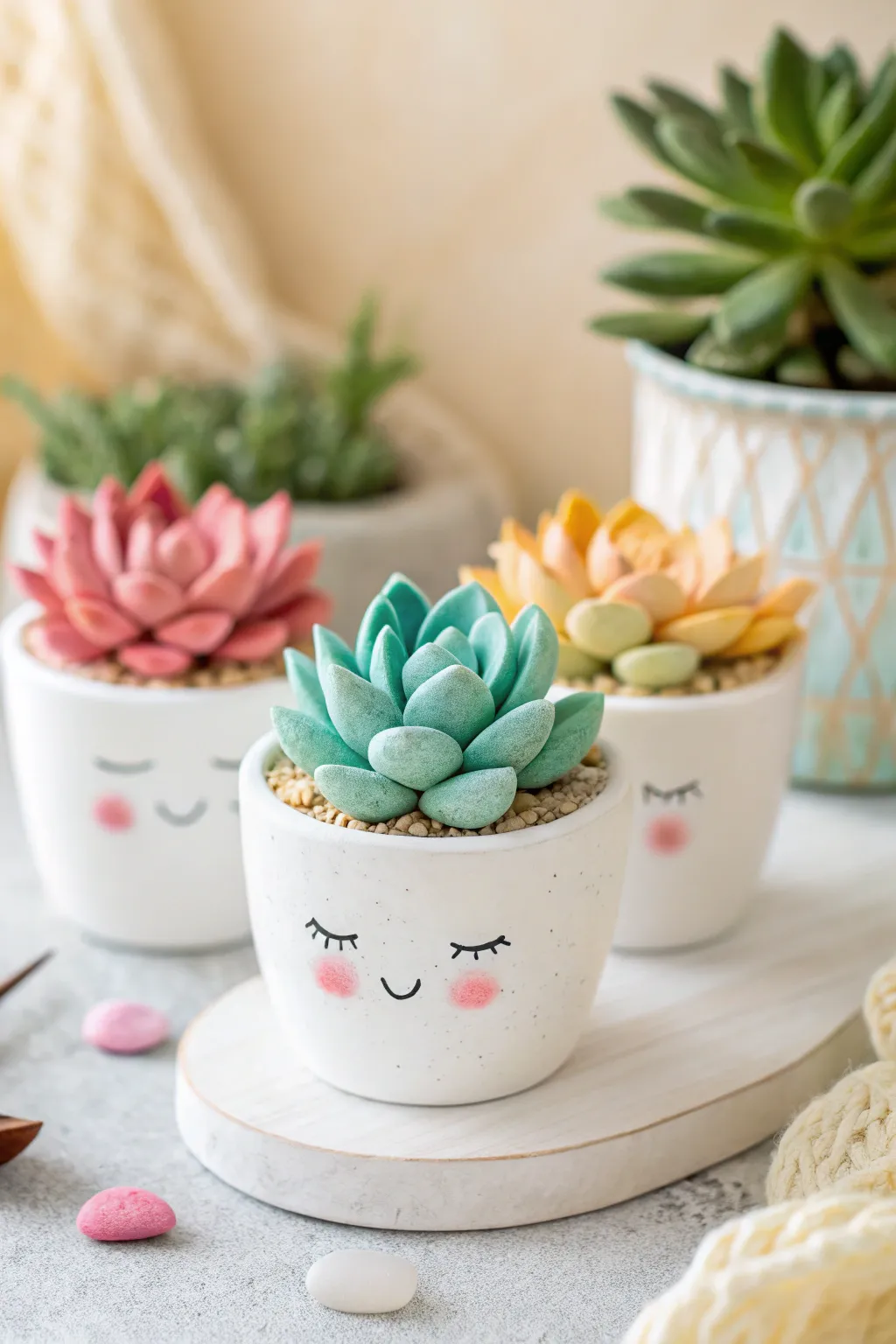 Foam clay mini succulents with cute expressions in a minimalist pot, bright and boho calm.