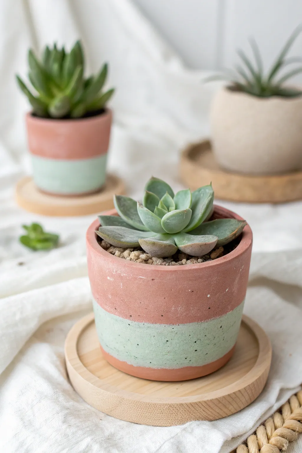 Foam clay tiny succulent pots in soft earthy pastels, minimalist shelf styling with boho warmth.