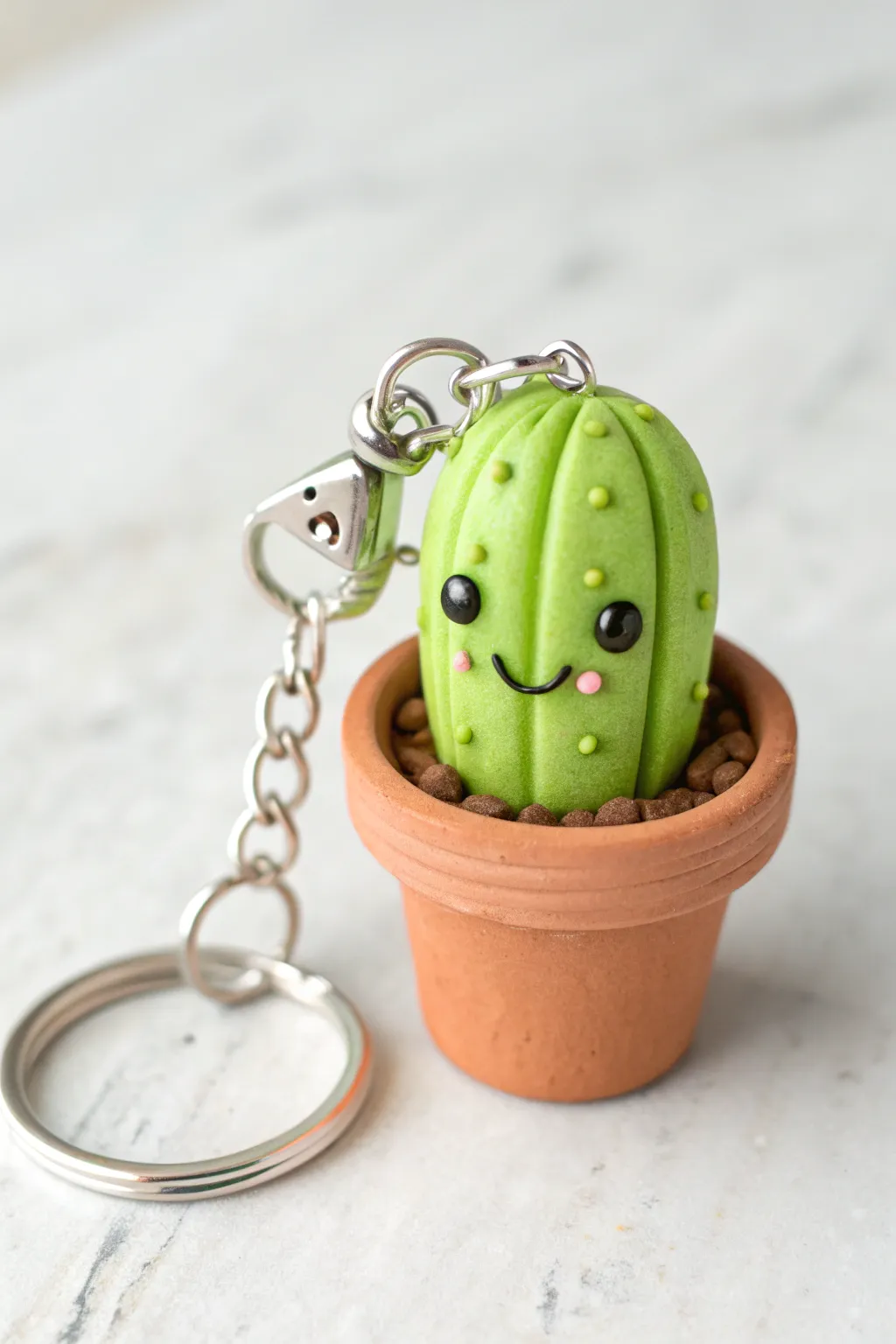 Mini cactus pot foam clay keychain in bold green and earthy tones, cute, simple, and handmade