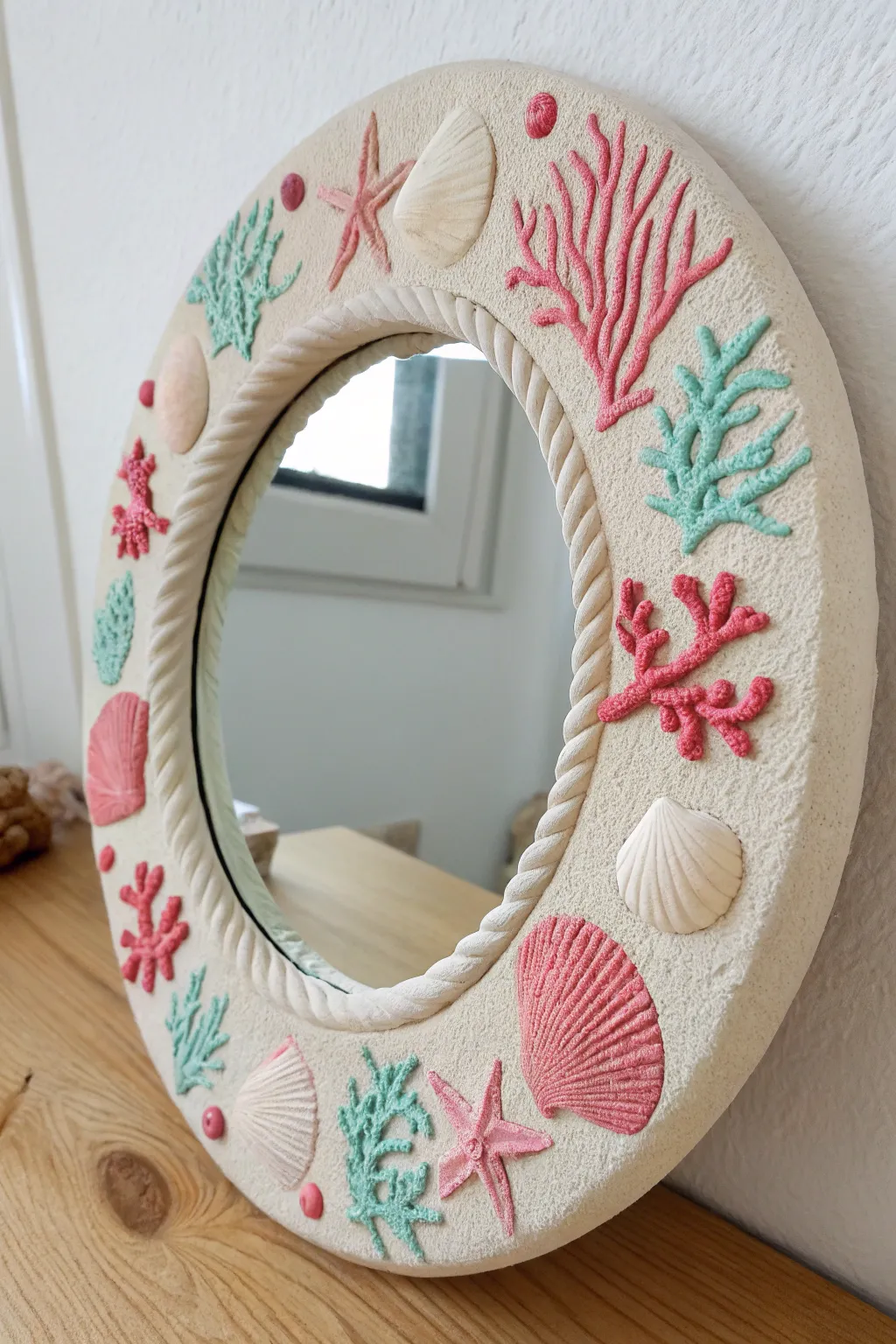 DIY foam clay seashell mirror with coral reef textures in blush, seafoam, and sandy beige.