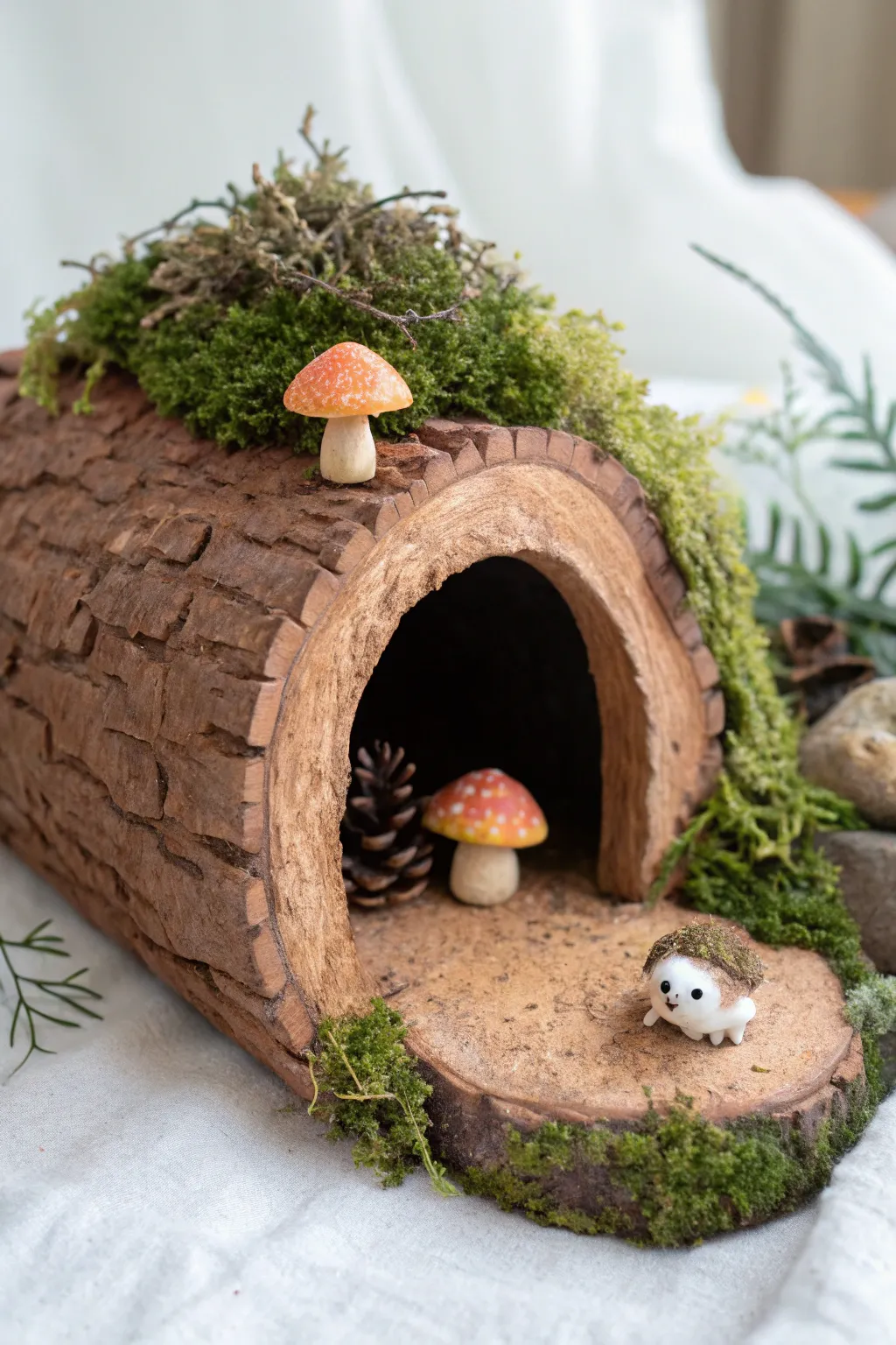 A cozy clay hollow log hideaway with moss, fungi, and a tiny critter peeking from the dark