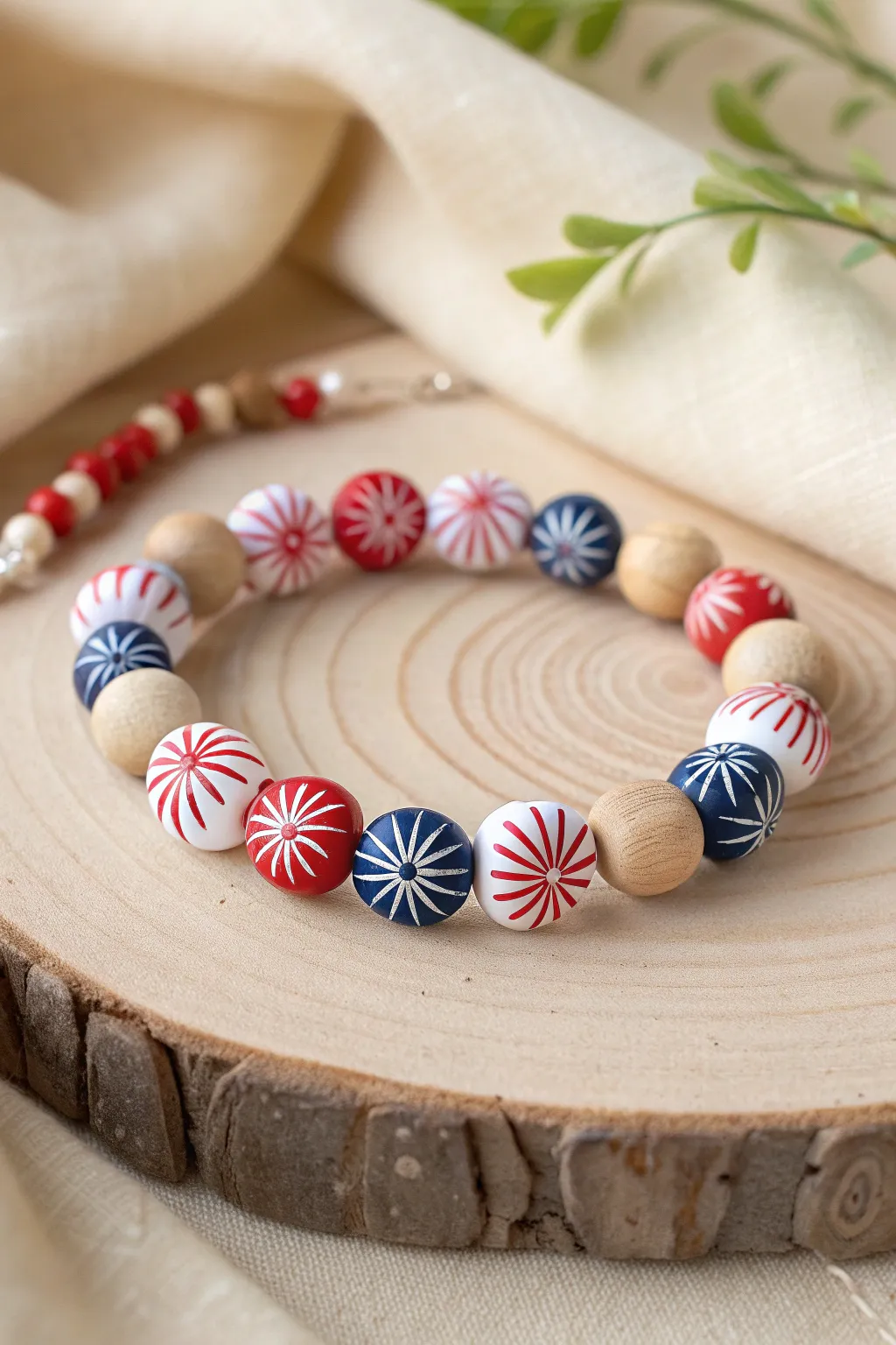 Firework burst sections in red, white, and blue with wood spacers for a clean boho look.