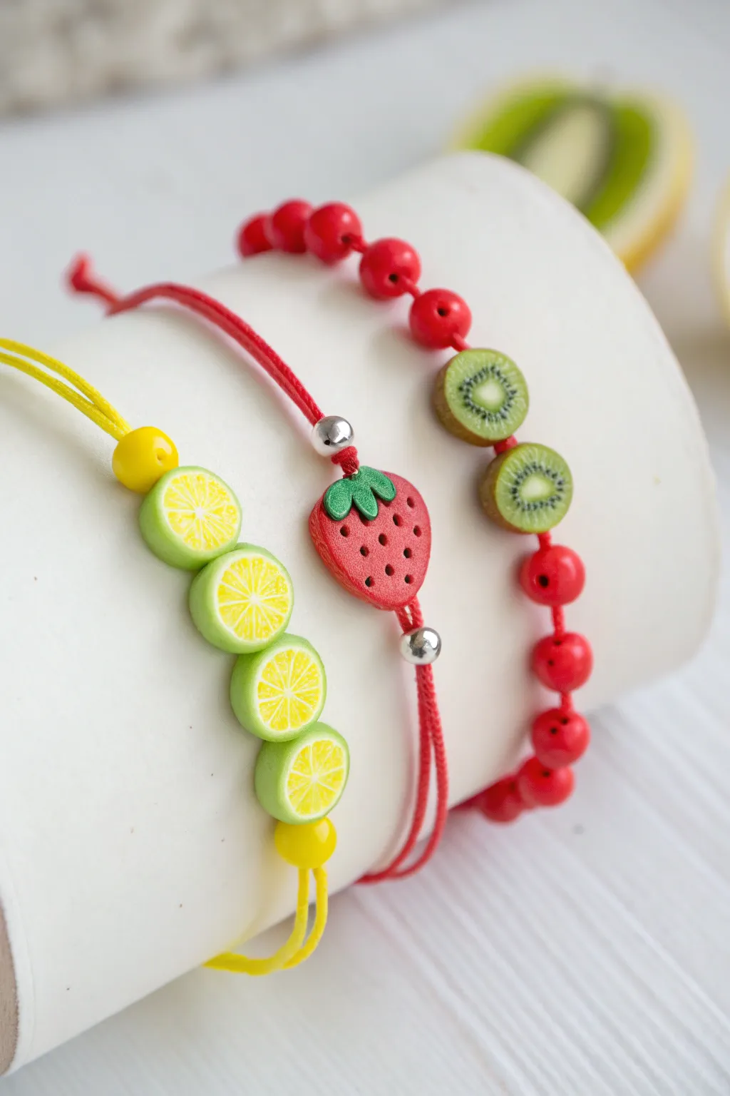 Monochrome fruit clay bead bracelets: lemon yellow, strawberry red, kiwi green, clean Scandinavian display.