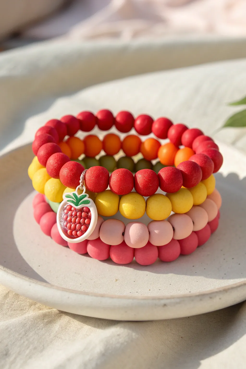 Bold clay bead bracelets in juicy summer colors, stacked with one fruity charm as the playful accent
