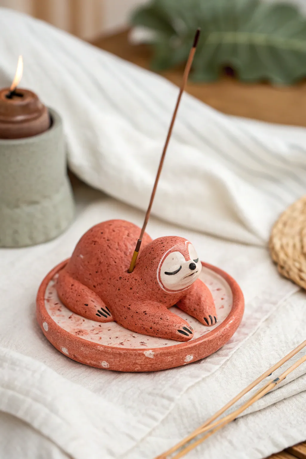 Make a goofy lounging sloth incense holder in bright terracotta for a cozy minimalist vibe.