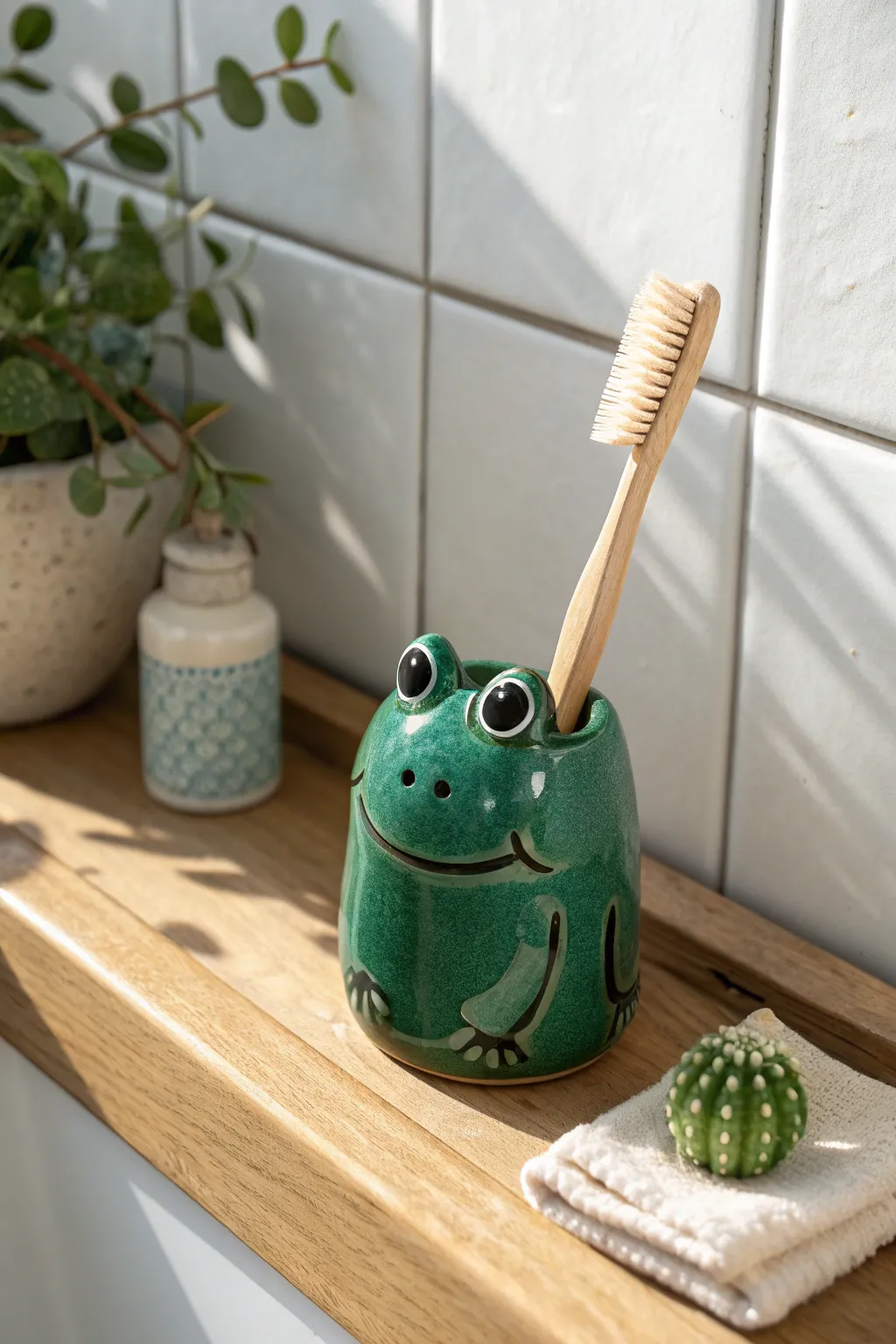 Glossy green frog toothbrush holder that adds playful charm to a minimalist bathroom shelf.