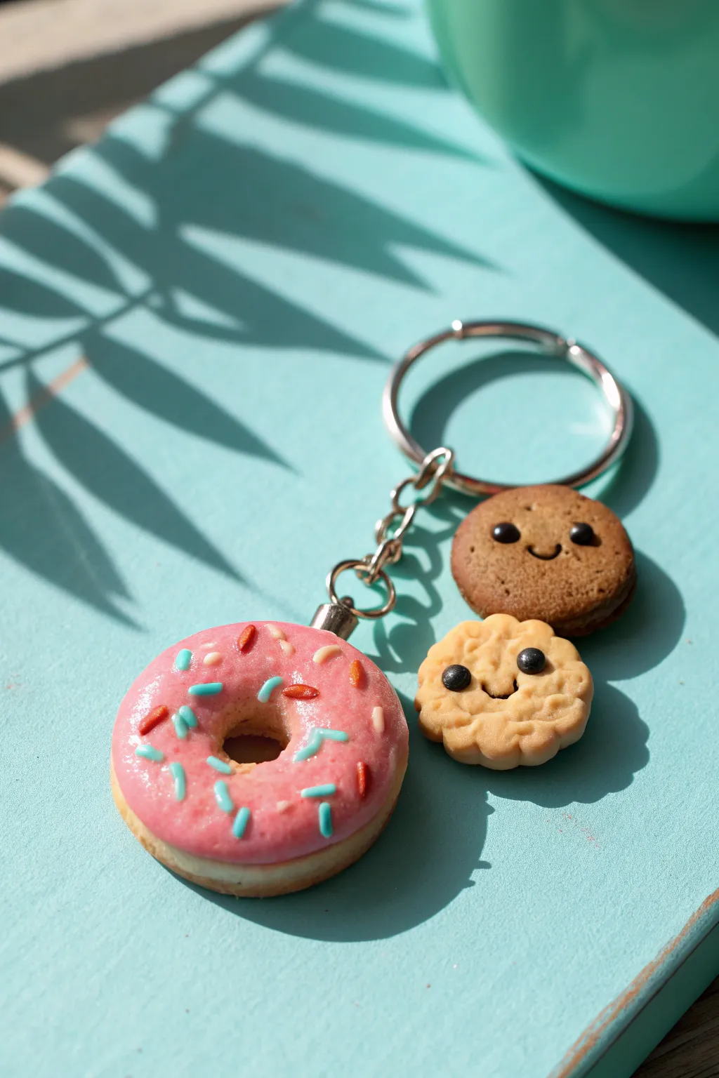 Sweet polymer clay donut and cookie keychain charms in bold colors, minimalist boho style
