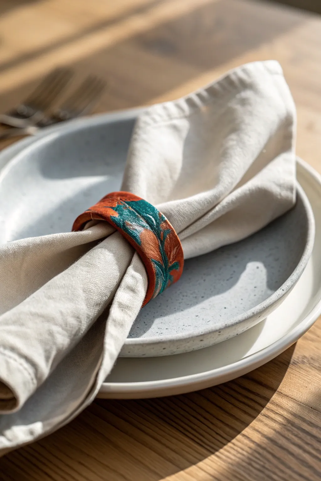 Handcrafted polymer clay napkin rings add bold color to a minimalist, cozy table setting