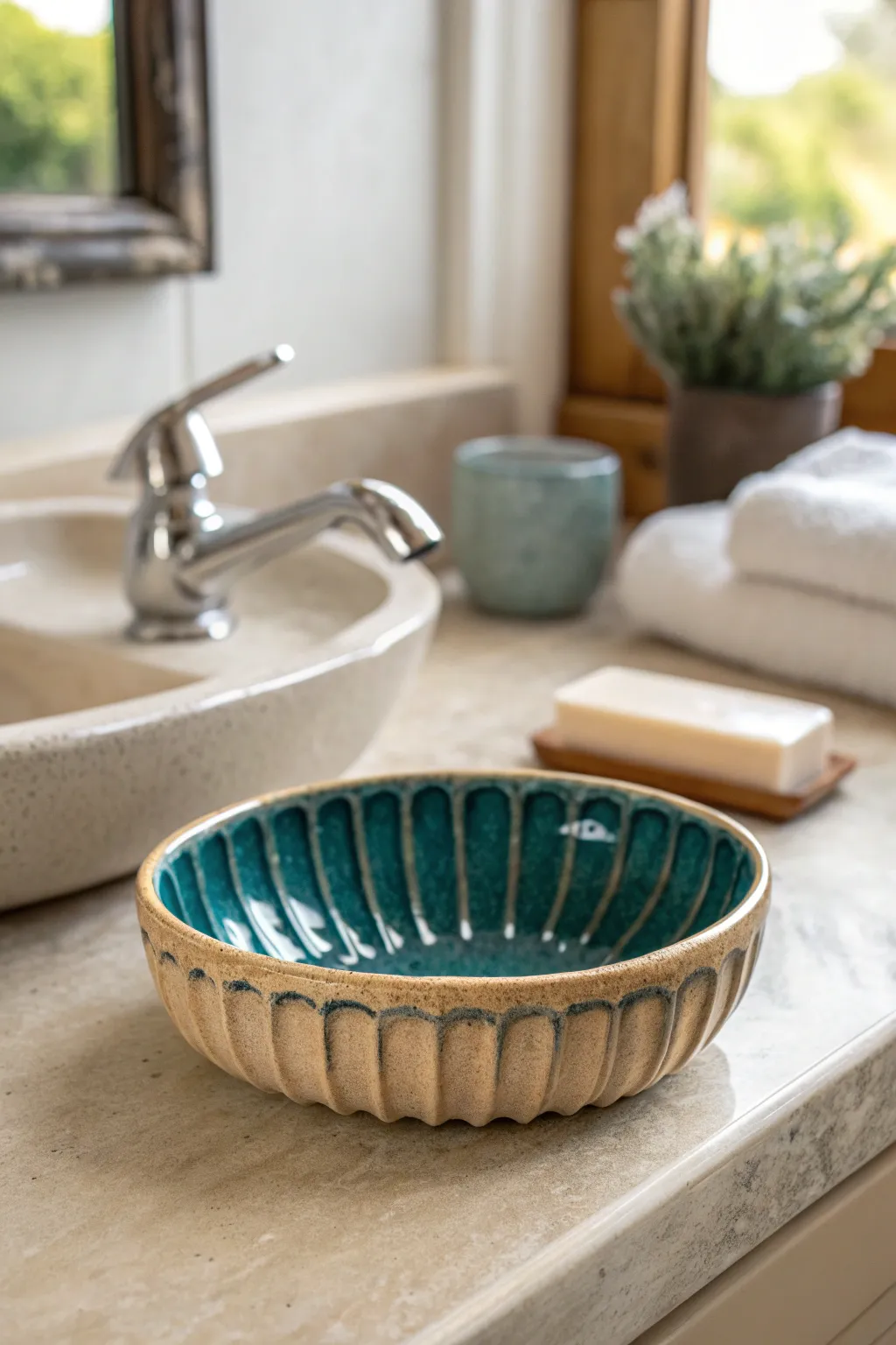 Glossy ridged ceramic soap dish keeps bars dry, elevating your sink with minimalist spa style.
