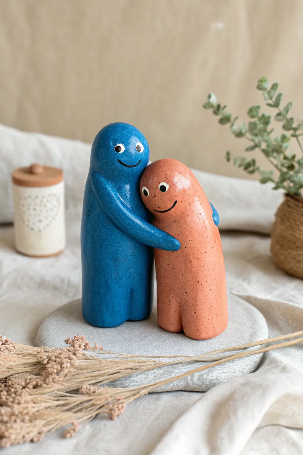 Two tiny clay buddies in an awkward hug, one thrilled and one panicked, minimal yet bold.