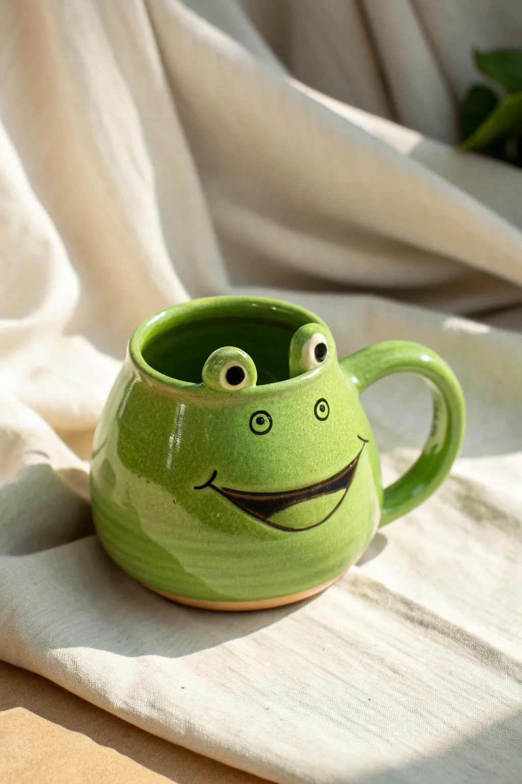 Bright green Frog Mouth Rim mug, wide grin and tiny eyes, a playful handmade pottery idea.