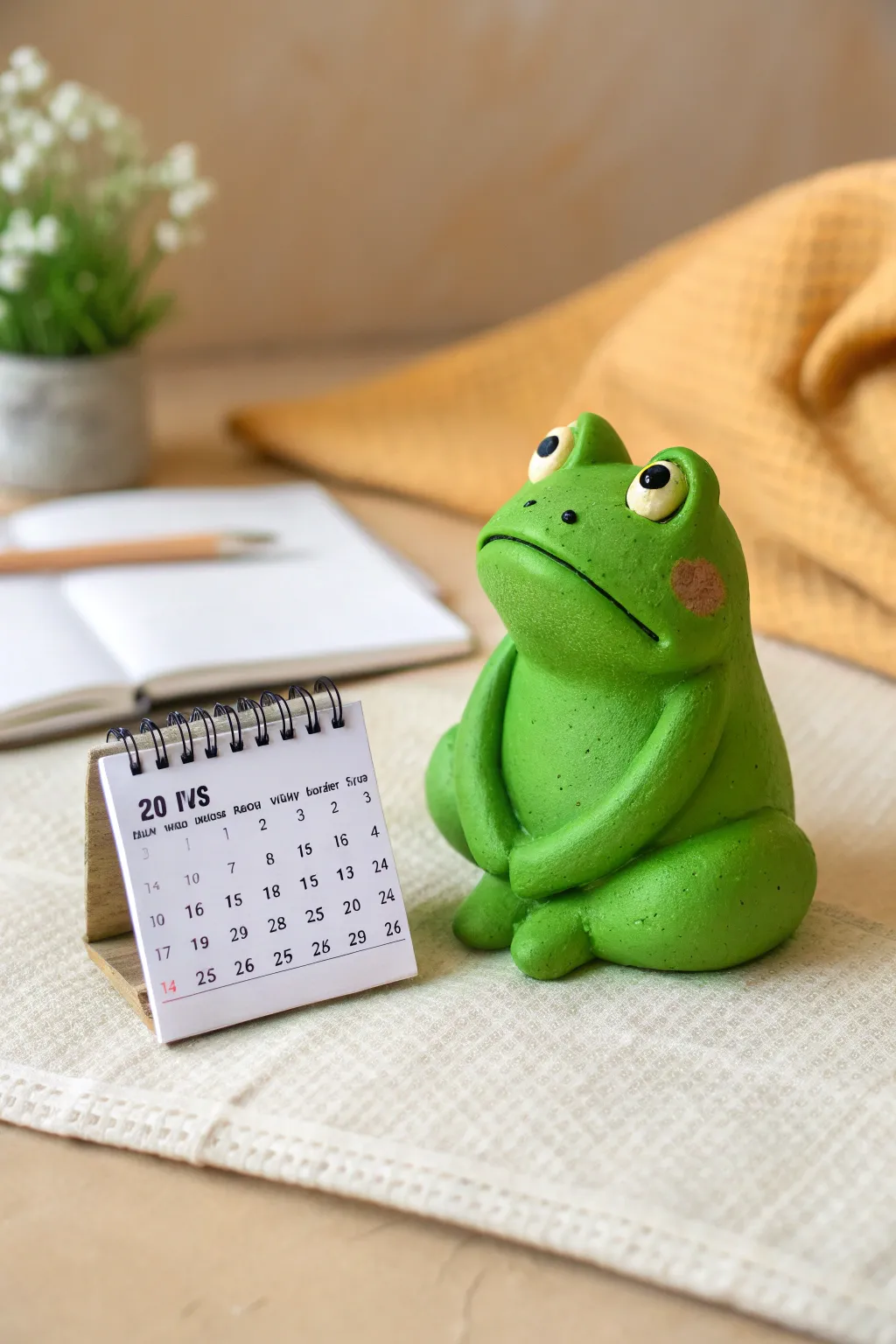 Grumpy green frog calendar buddy, a quirky polymer clay desk pal with minimalist boho charm