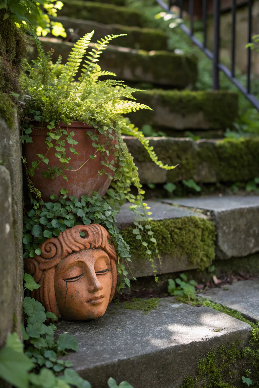 Whimsical ceramic face planter with lush leafy hair, tucked into mossy stone steps, a garden surprise