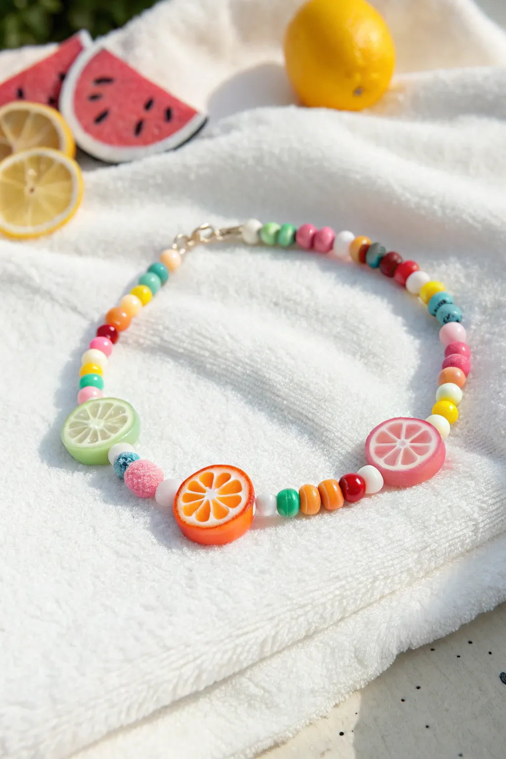 Fruit slice clay bead bracelet idea for girls, bold summer colors on a clean towel backdrop