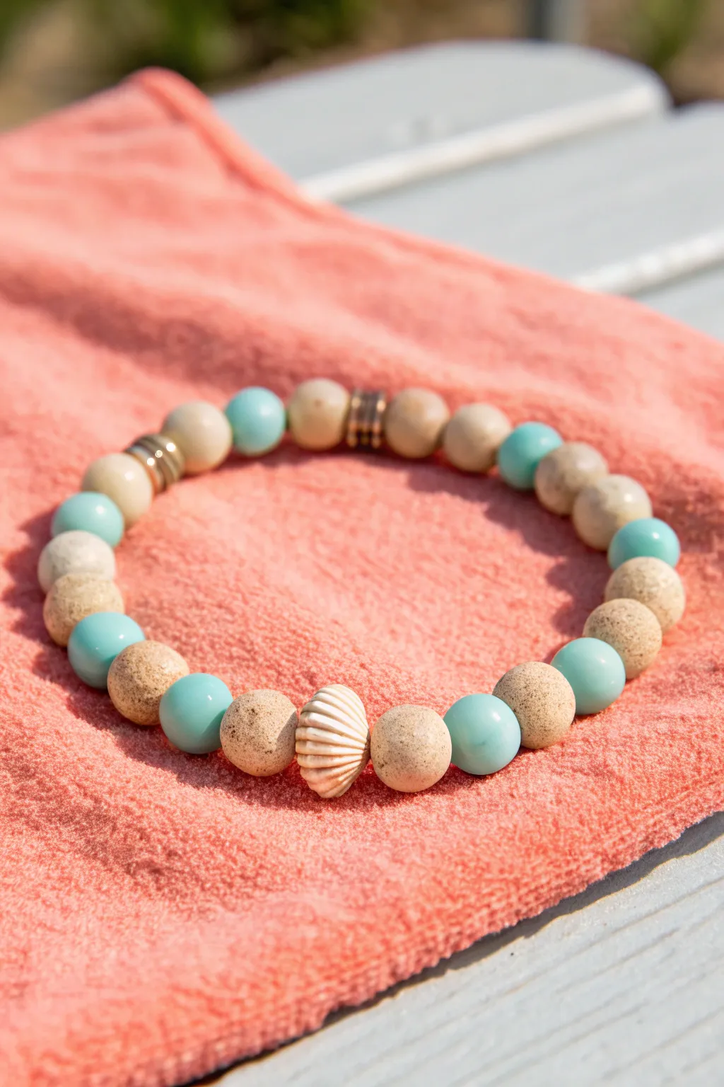 Beachy shell accent bracelet with sandy neutrals and aqua beads for sunny girl style