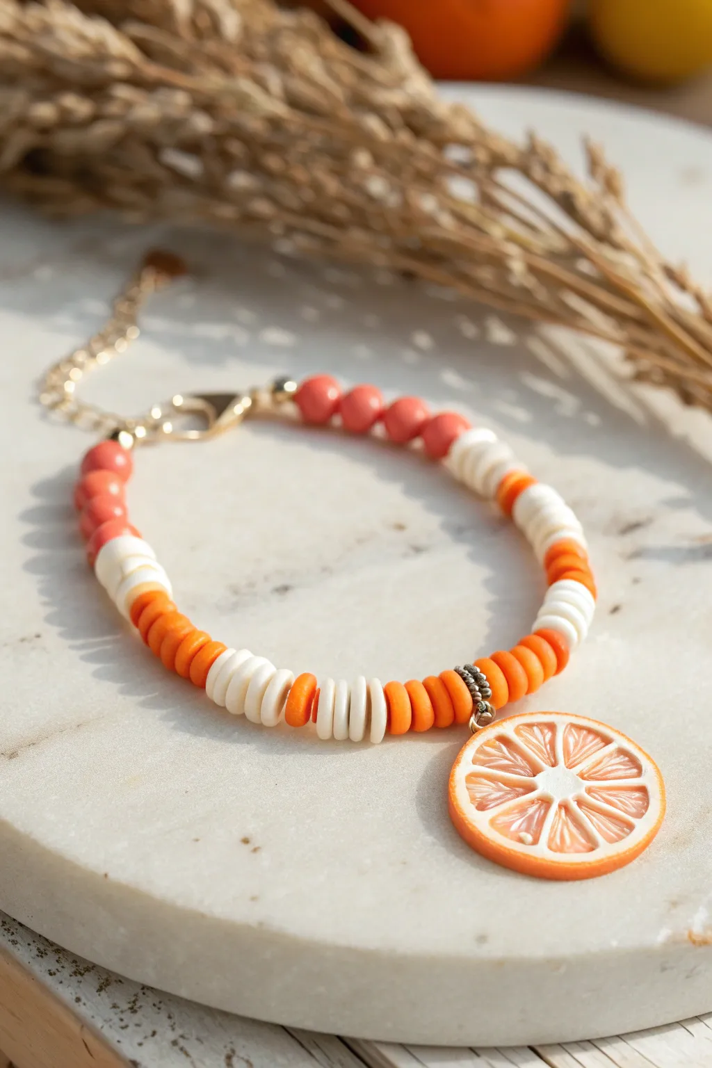 Fruit charm pop: a simple heishi bracelet with bold citrus tones and clean minimalist style