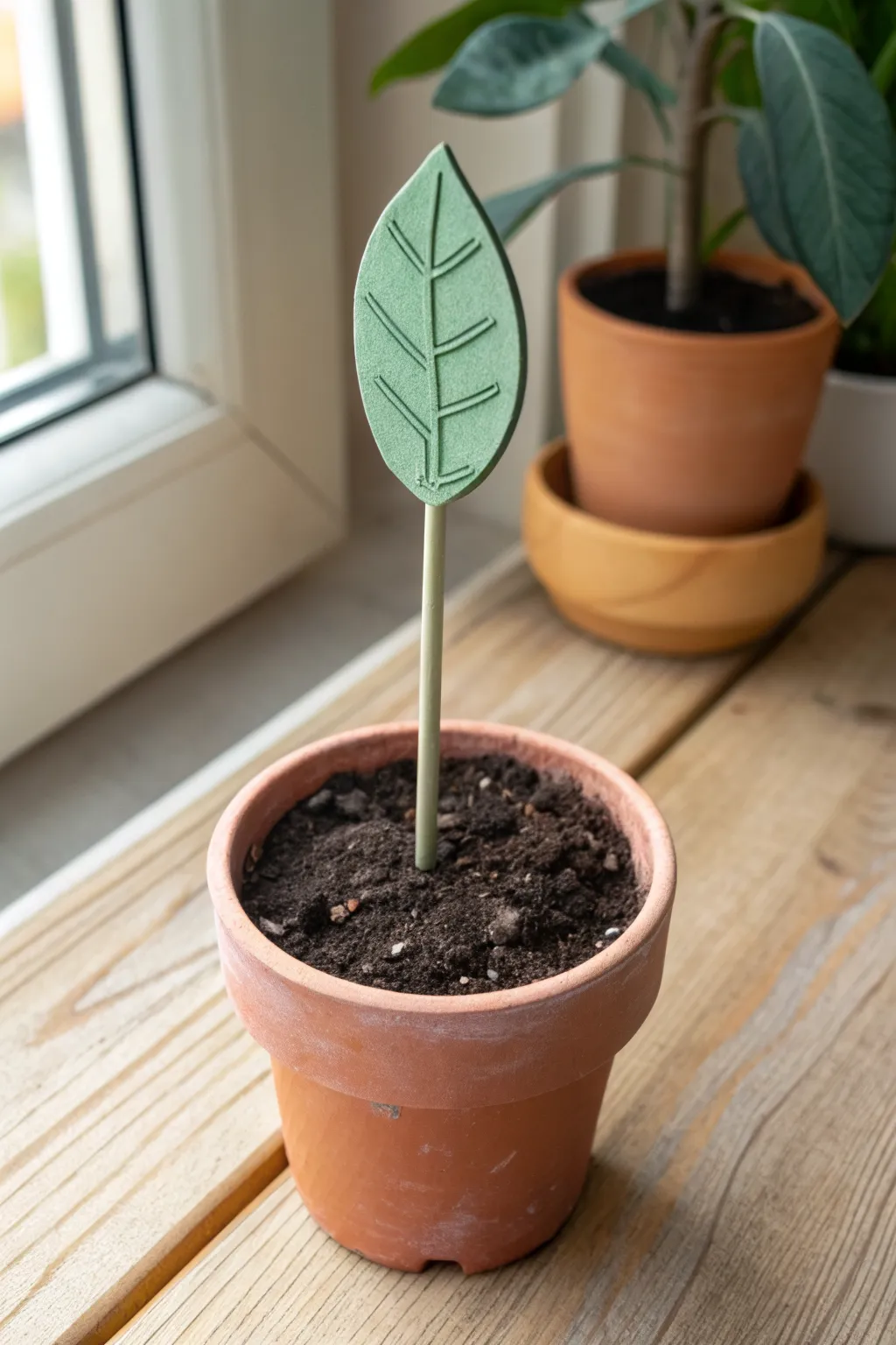 Minimal green air-dry clay plant stake marker, cute leaf top and blank label, pot-ready.