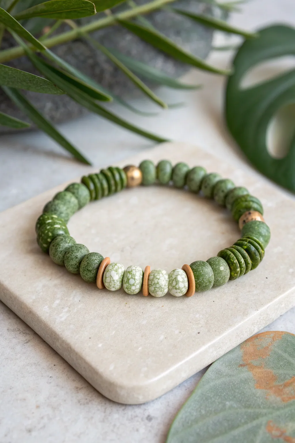 Mossy terrazzo green beads with subtle speckles, styled minimal with a soft boho plant vibe