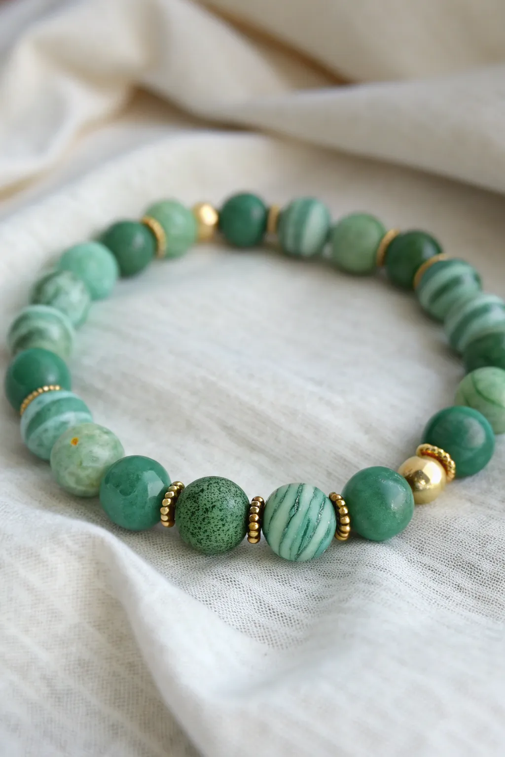 Marbled jade-green clay bracelet with soft swirls and solid greens, minimal yet boho bold.
