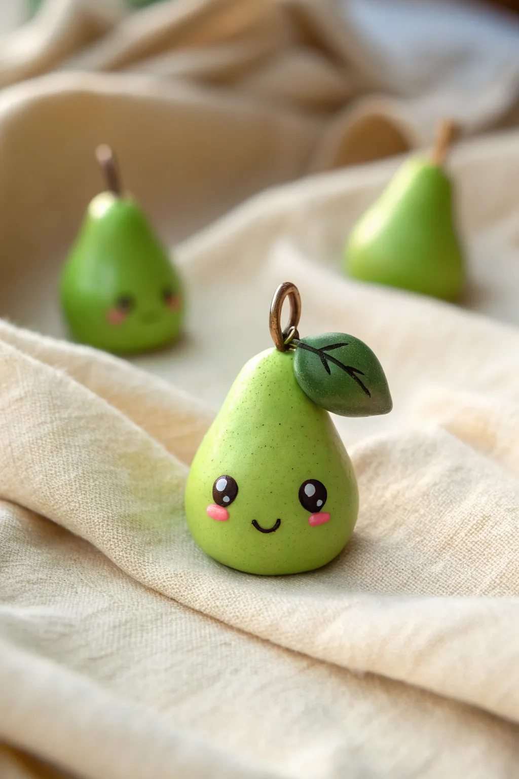 Cute green pear charm with blush cheeks, styled on linen with tiny fruits for scale