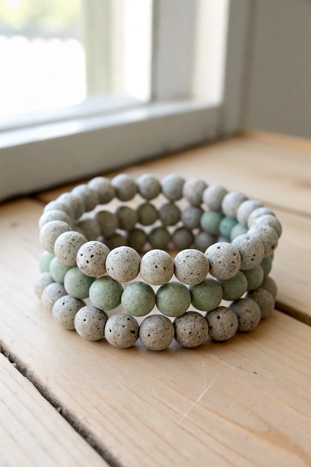 Grey and sage clay bead bracelet stack on light wood, minimalist boho neutrals with contrast.