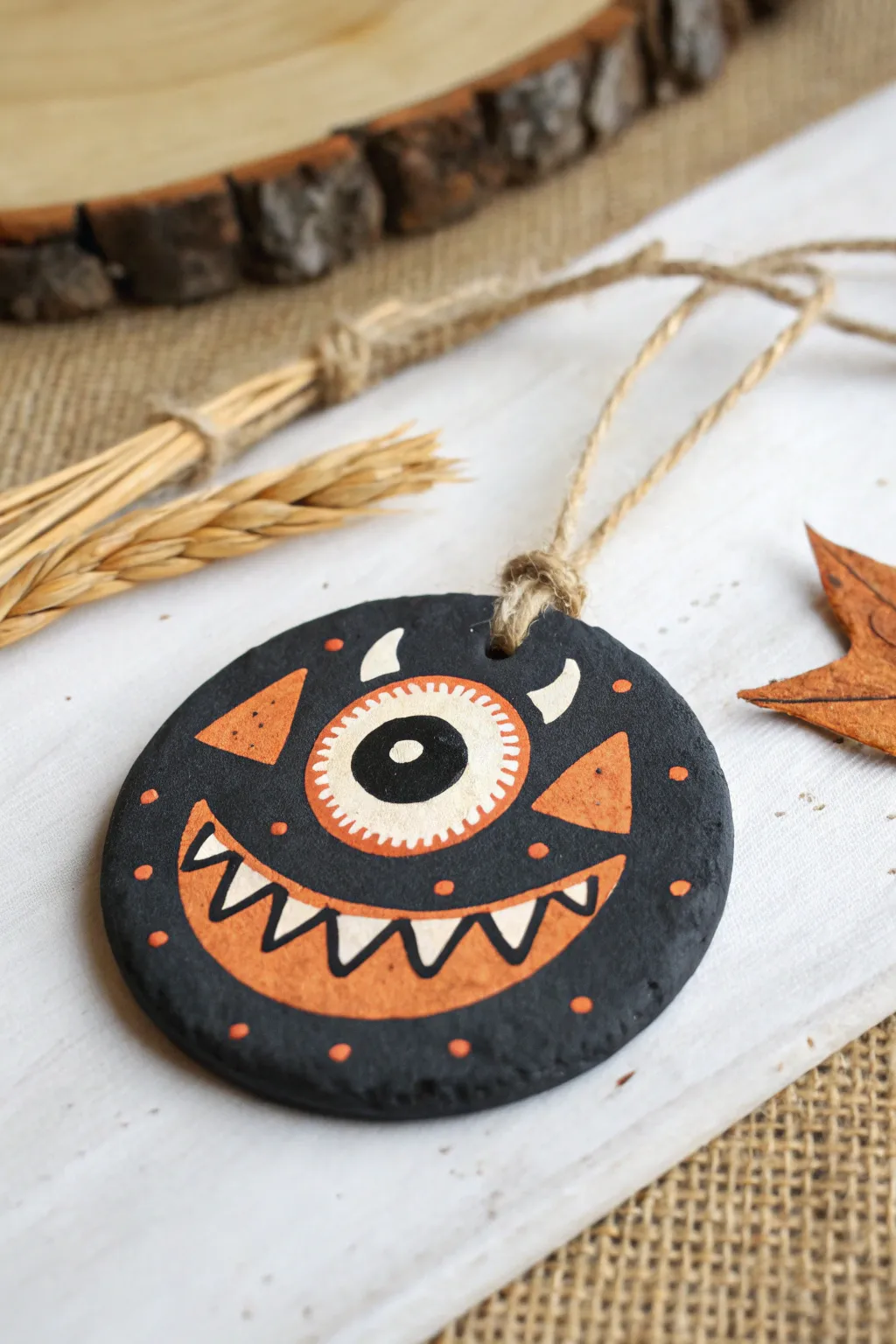 Palm-sized monster face wall token in bold Halloween colors, minimalist boho clay charm.