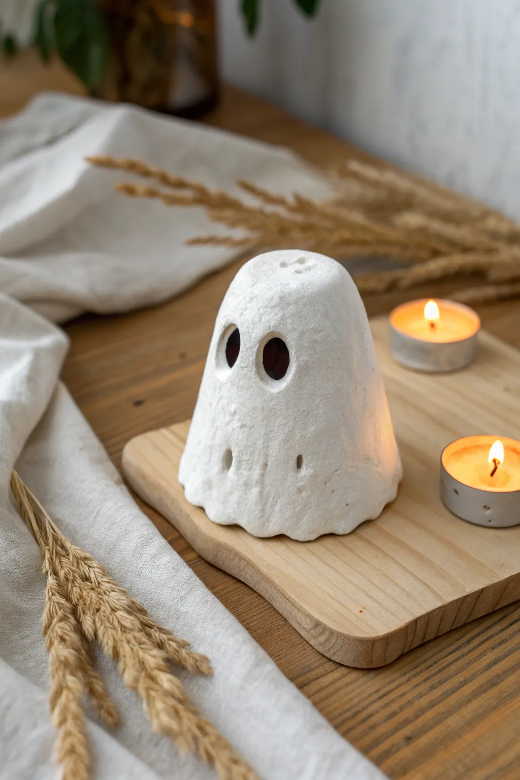 Cute glowing clay ghost tea light cover for an easy kid-friendly Halloween craft.