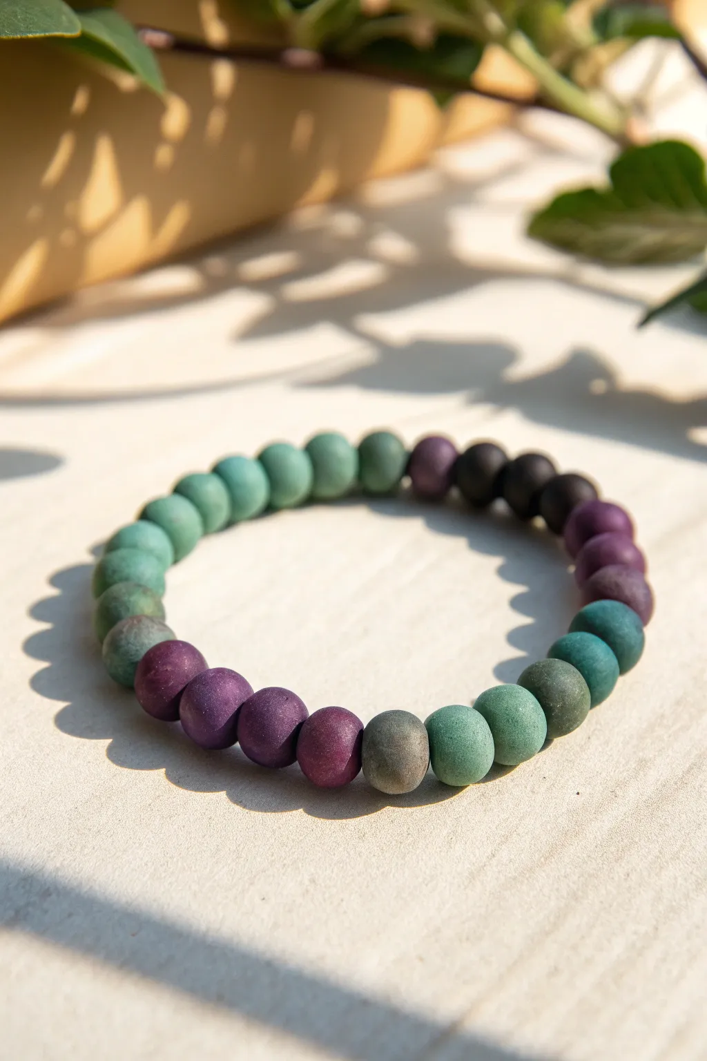 Potion inspired ombre clay bracelet fading from black to purple to emerald, simple and spooky-chic.