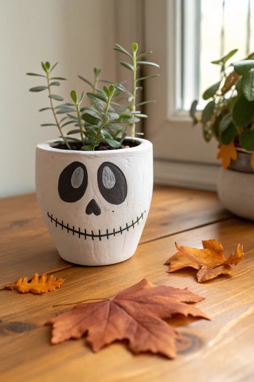 Beginner-friendly skull face clay pot in bone white, perfect minimalist Halloween decor