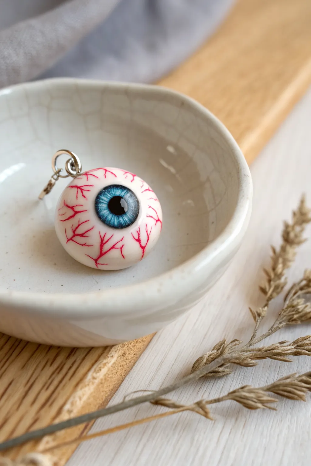 Glossy clay eyeball charm with bold iris and subtle veins for a chic minimalist Halloween look