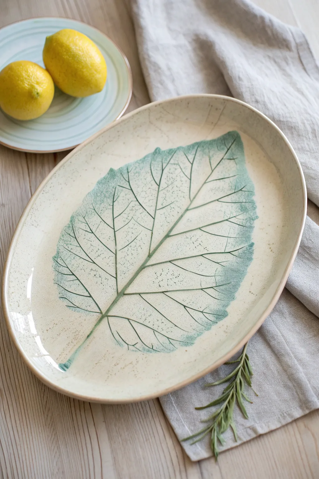 Leaf impressed slab platter with organic edges, minimalist boho styling, and sunny bold contrast