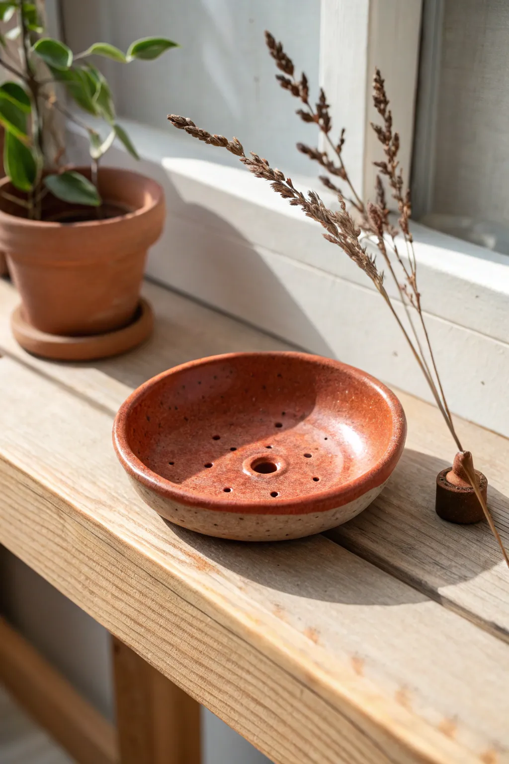 Minimalist incense holder dish with a single angled hole, bold glaze, and a calm boho shelf setup.