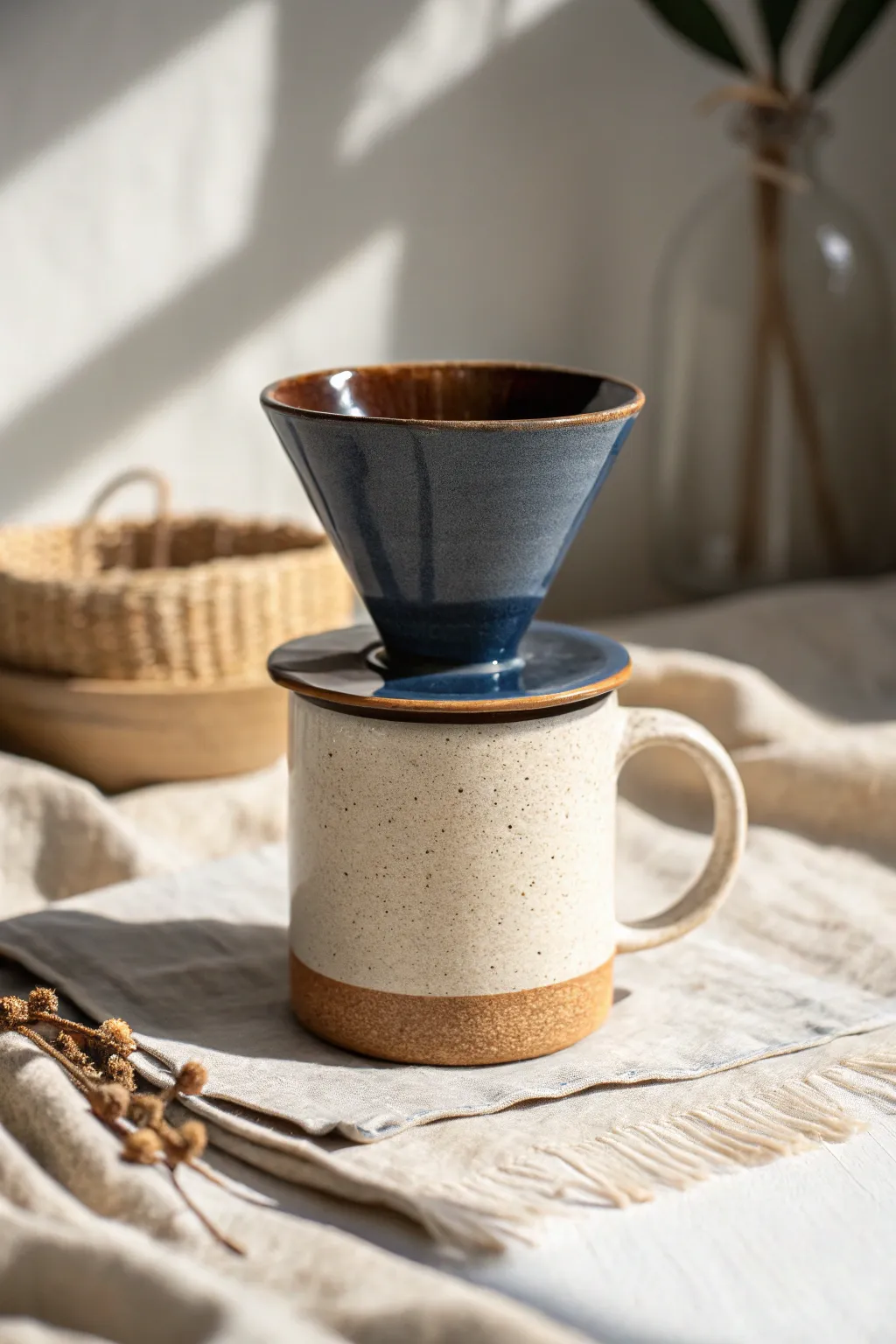 Hand-built ceramic pour-over dripper with bold glaze, minimal styling, and warm natural contrast.
