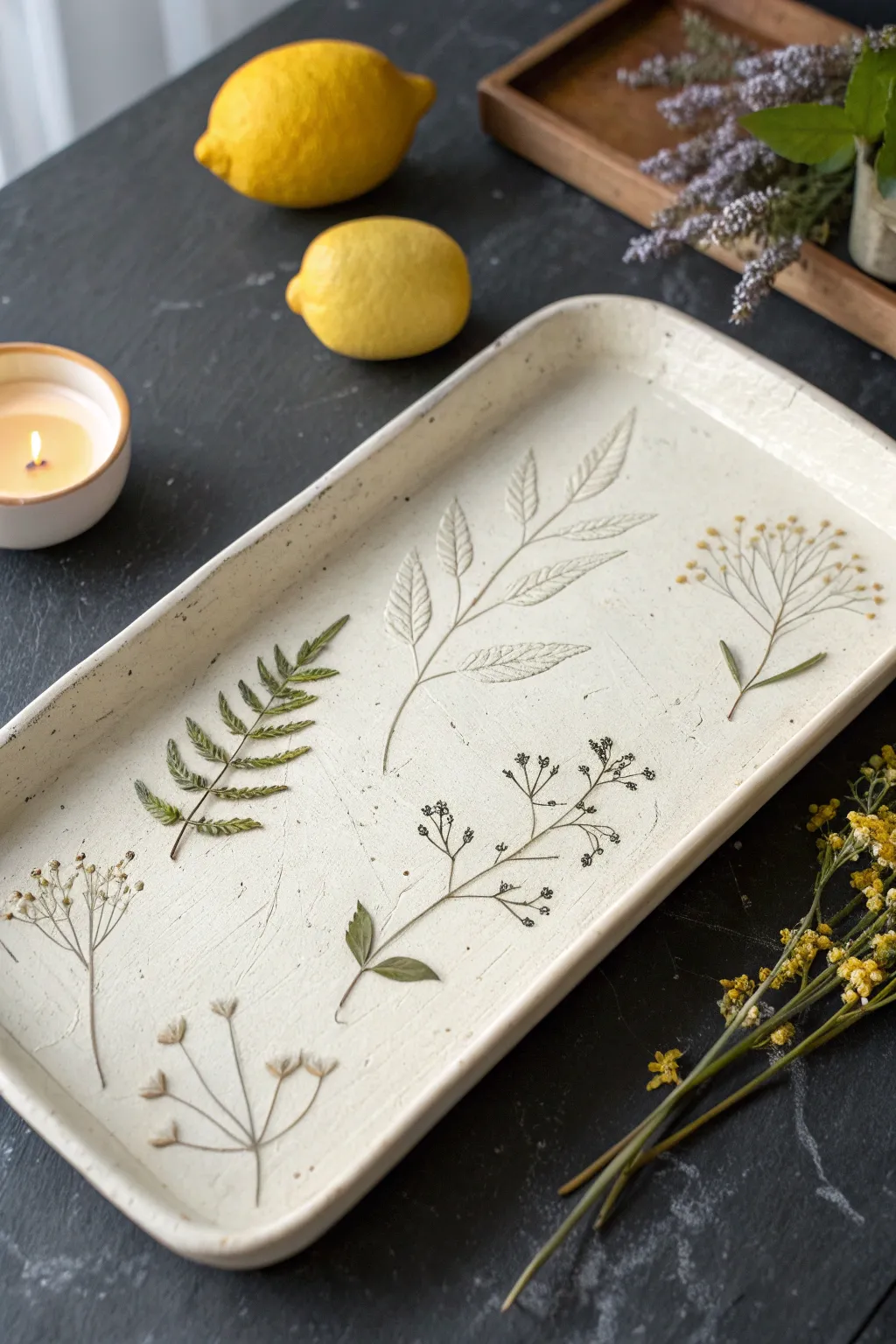 Botanical imprint slab tray in soft white clay, styled with lemons for a fresh minimalist serve.