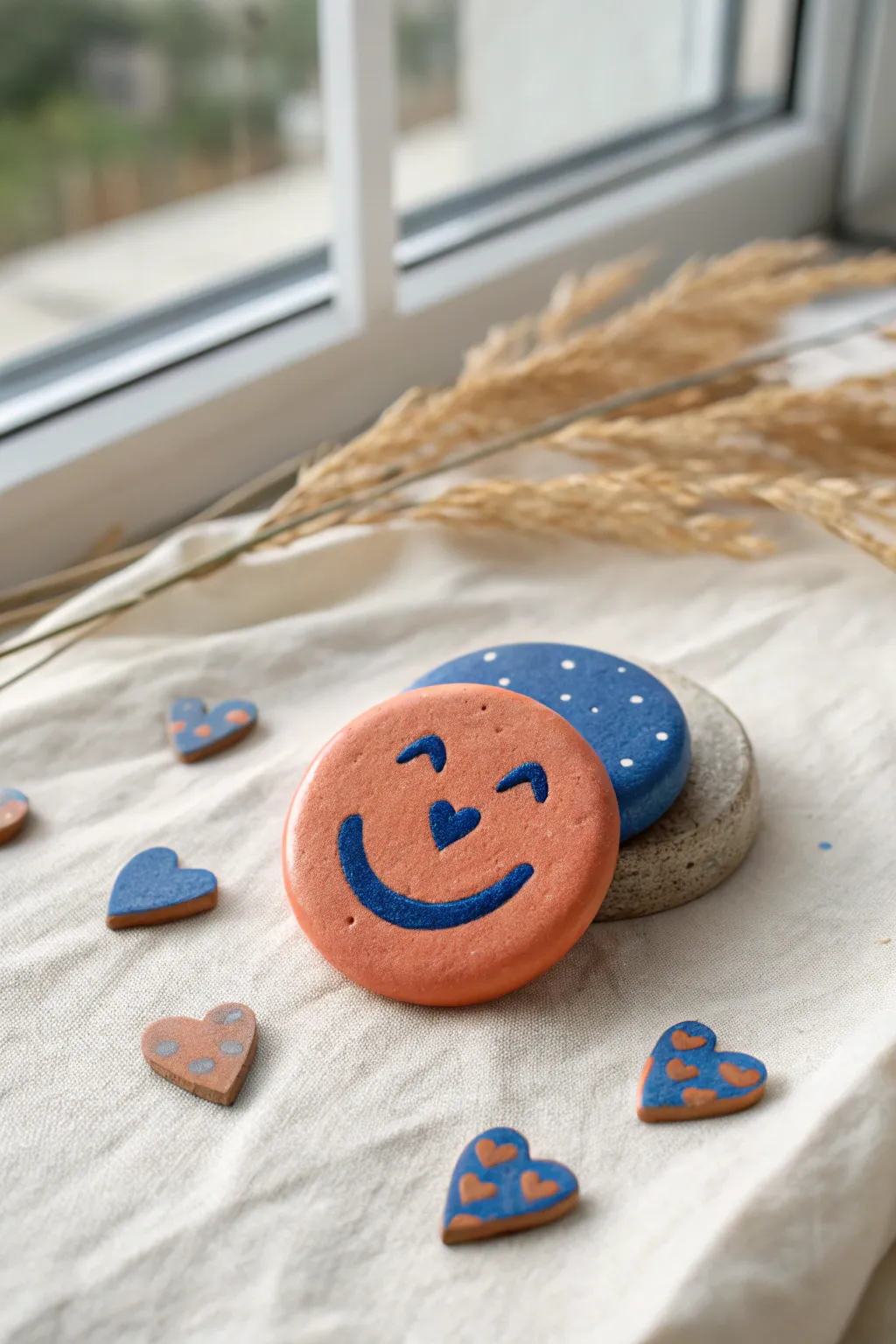 Playful handmade clay fridge magnets in bold hues, styled minimalist with a soft boho touch.