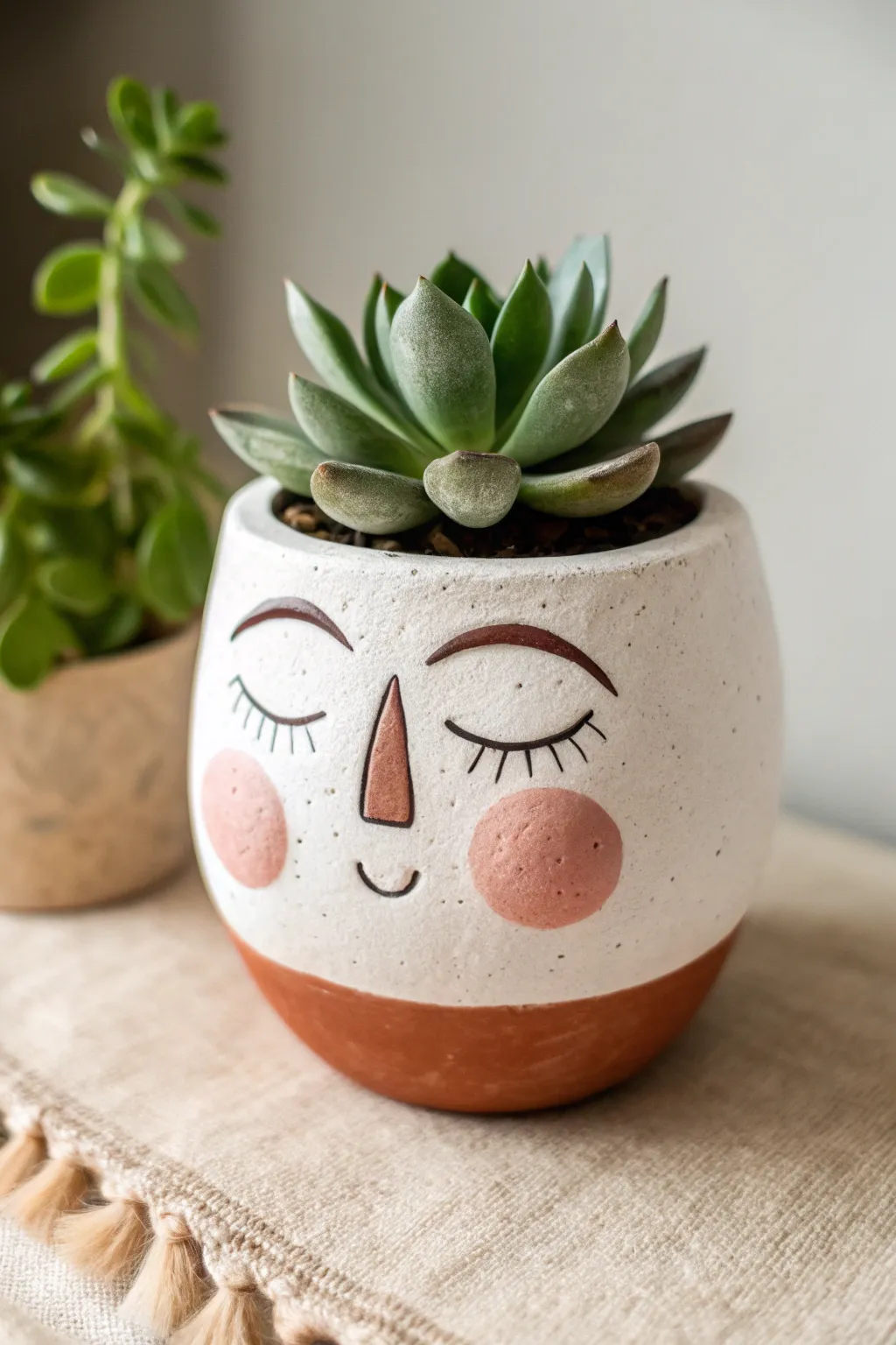 Whimsical face planter with leafy hair, bold blush glaze, minimalist Scandinavian styling.