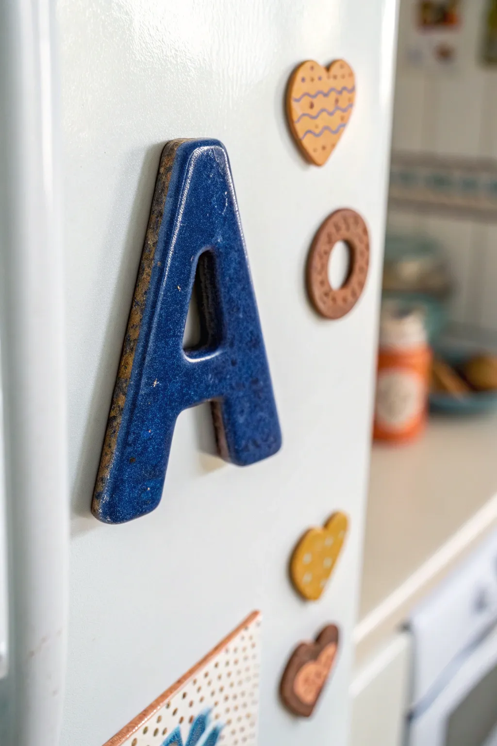Colorful handmade clay initial and icon magnets styled simply on a white fridge for easy DIY inspiration.