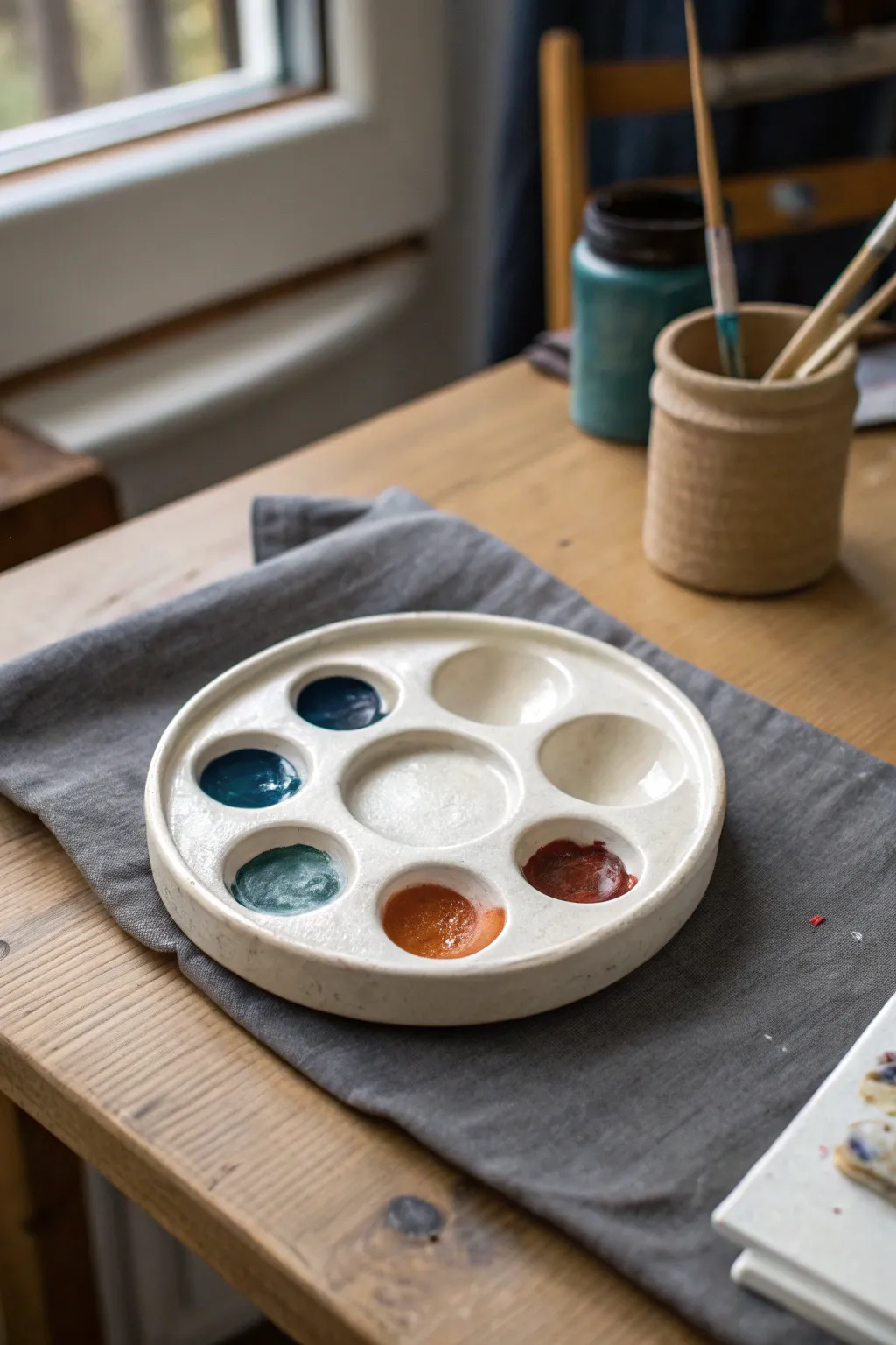 Handmade clay palette dish with a water well, neutral glaze and bold paint pops for your studio