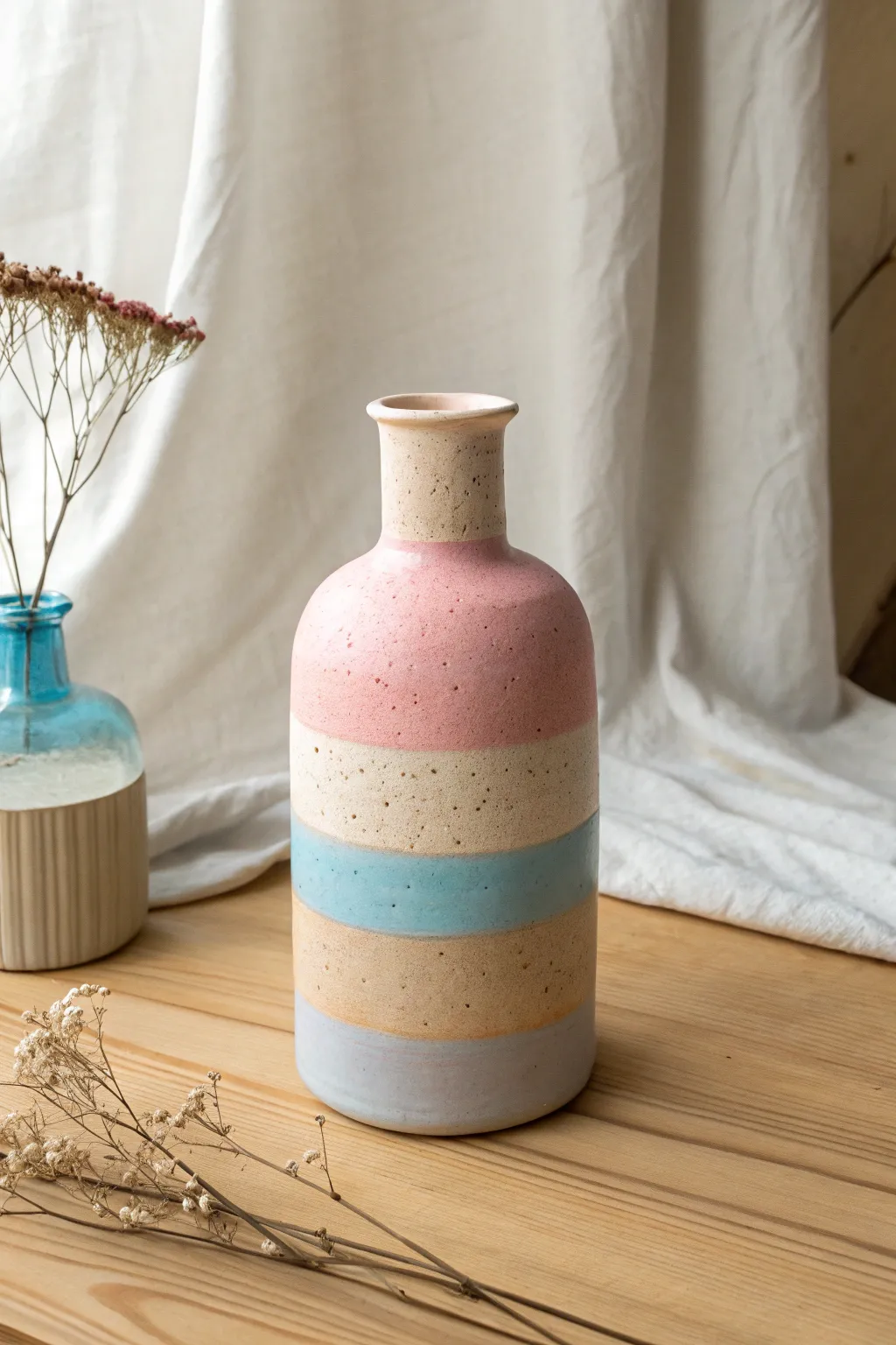 Color-blocked pastel clay vase in blush, sand, and sky tones with a smooth matte finish.