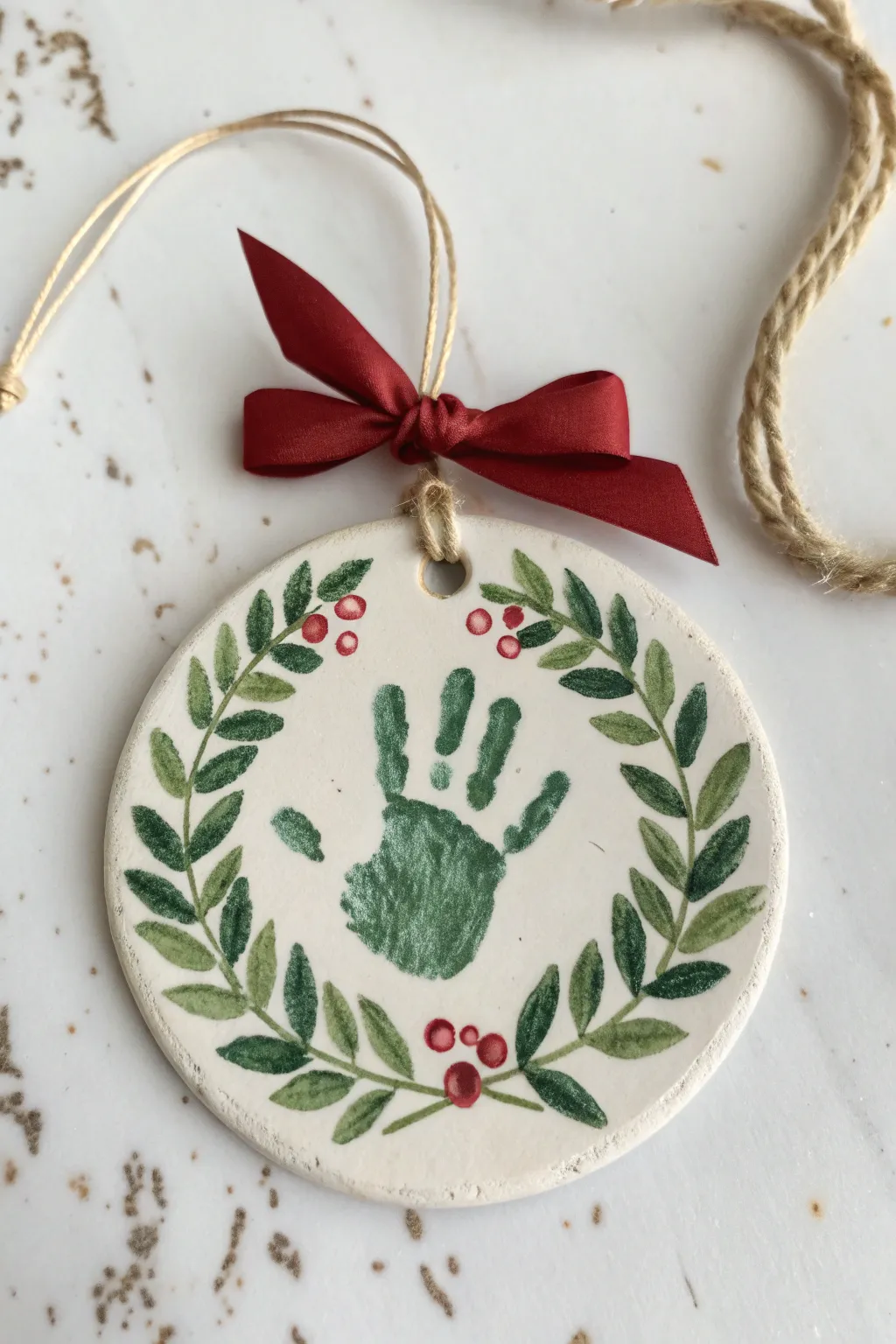 Minimal handprint wreath ornament with leafy green fingers and a bold red bow on light wood