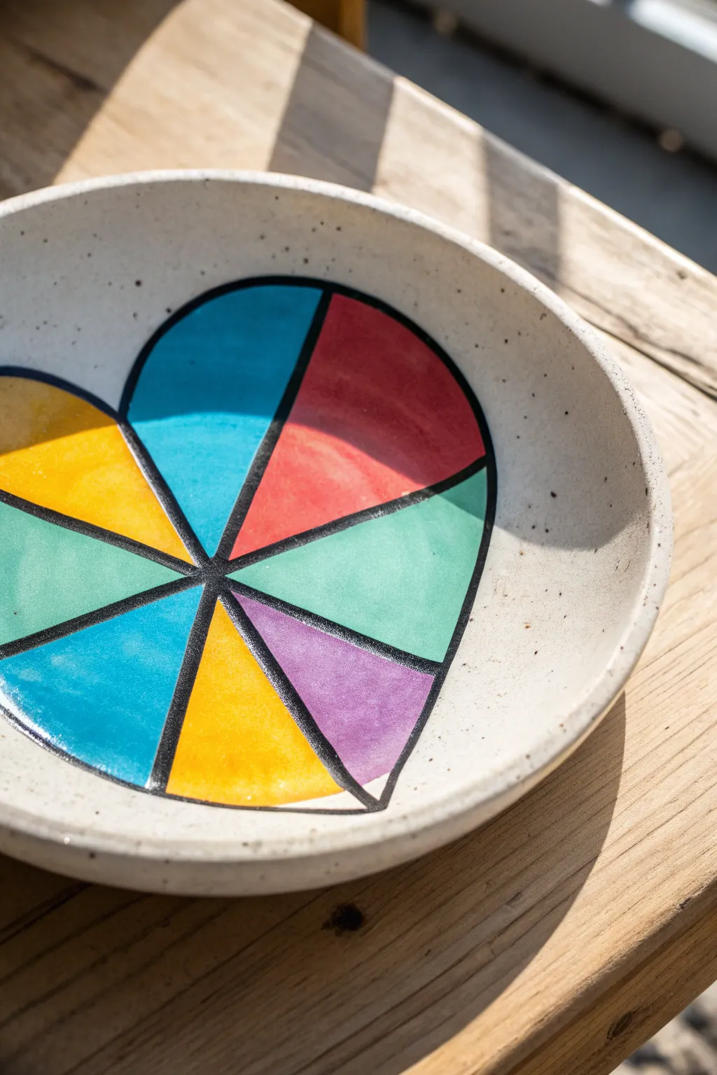 Stained glass inspired heart plate with bold color segments and clean minimalist contrast