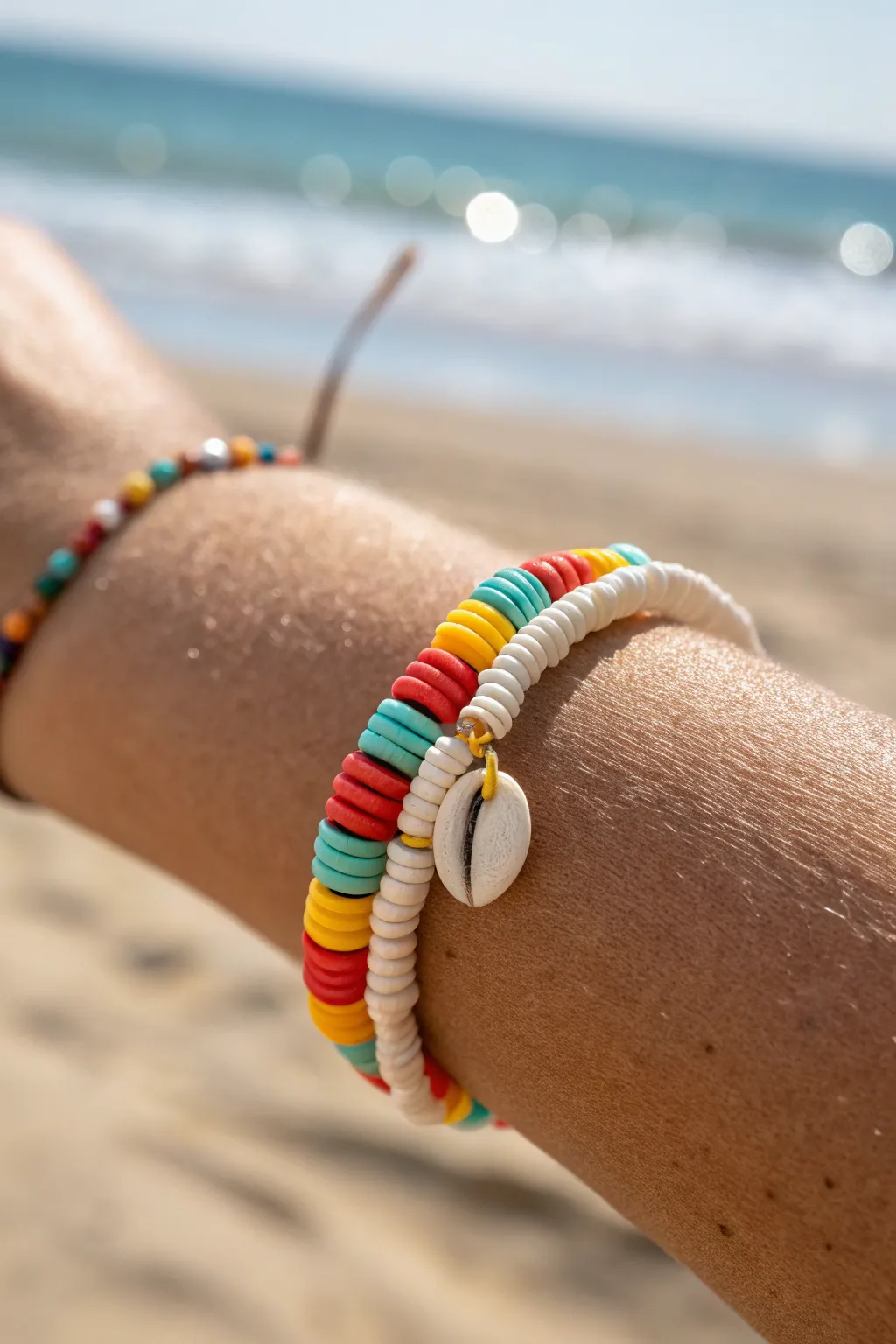 Bold summer heishi bracelet with a tiny shell focal bead, minimal beach styling and sunlit contrast.