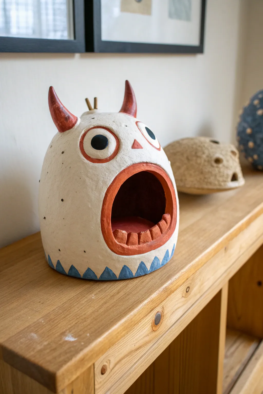 Hollow clay monster head with a big mouth vent and bold eyes, minimalist yet playful.