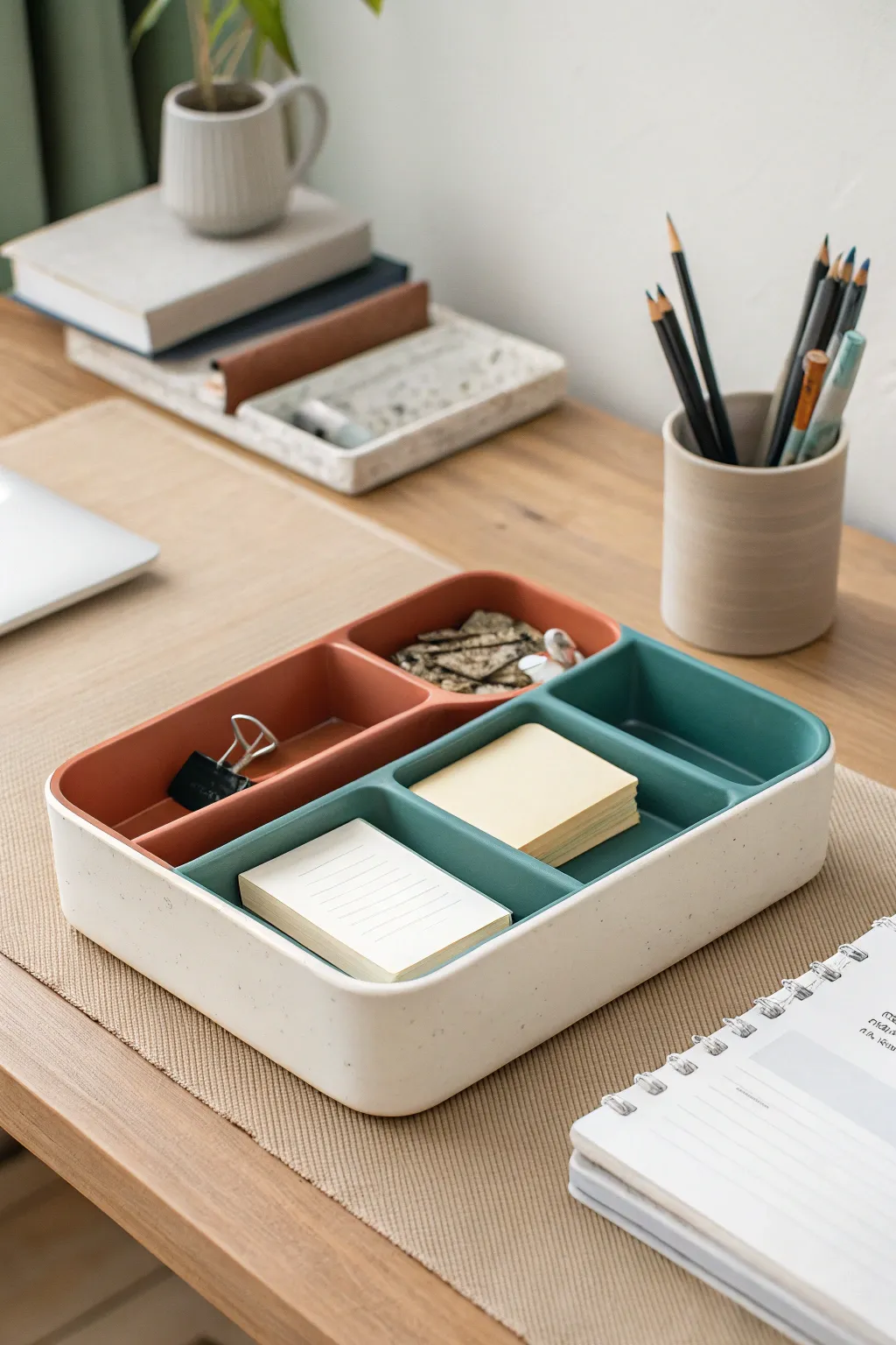 Minimal modular clay desk trays in bold matte glaze, keeping your workspace calm and chic.