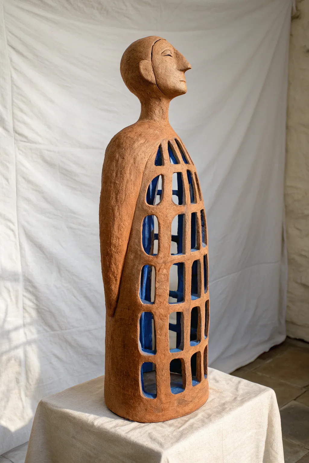 Birdcage torso clay figure with bold cobalt accents, minimalist boho sculpture inspiration