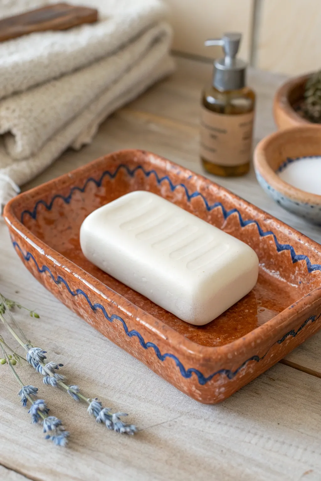 Beginner-friendly wavy slab soap dish, bold glaze and minimalist boho styling for your bathroom.