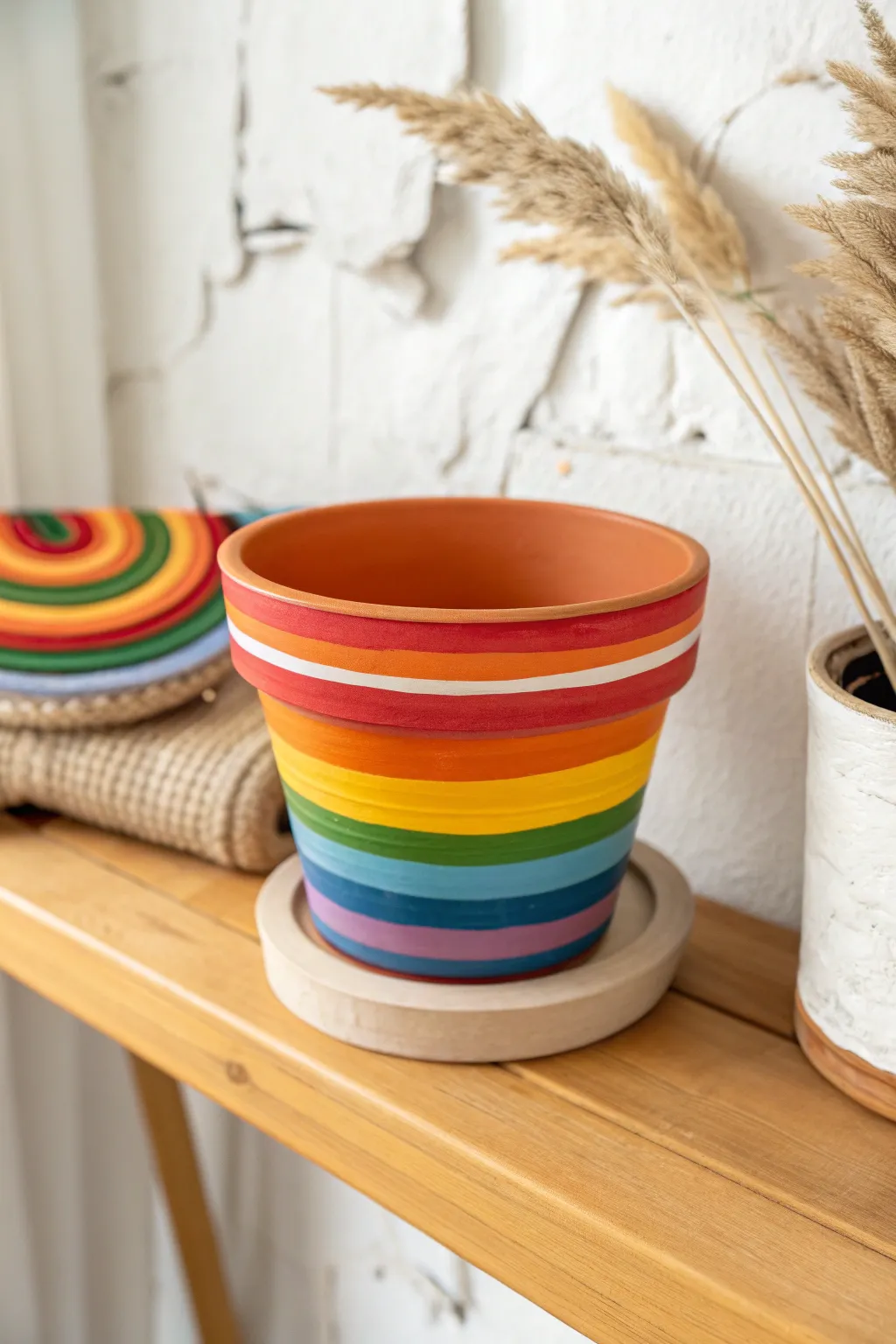 Simple rainbow ring terracotta pot DIY look with bold color bands and clean minimalist styling
